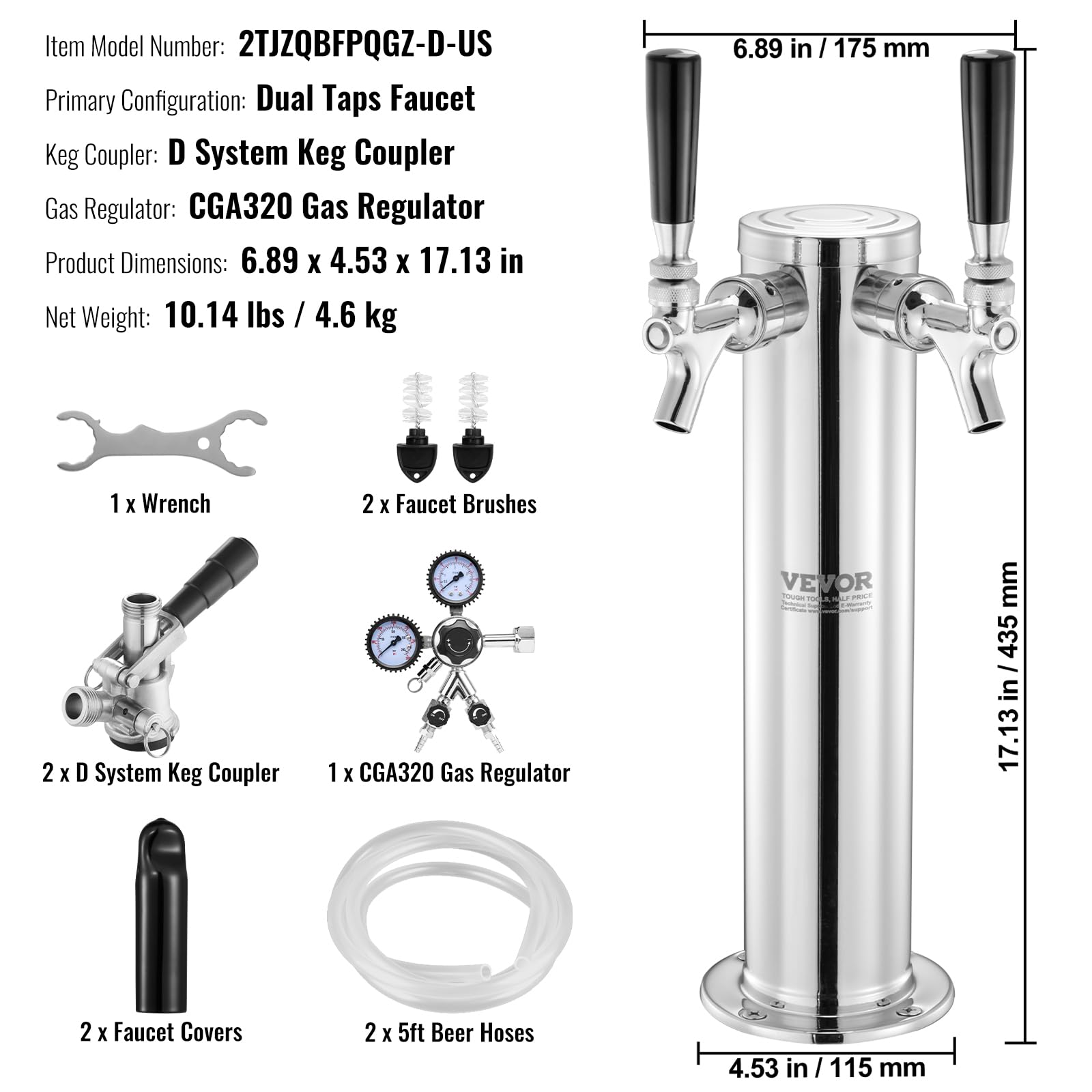 VEVOR Dual Tap Kegerator Tower Kit - Stainless Steel Beer Dispenser with CGA320 Regulator & D-System Coupler for Home Bars, Parties & Commercial Use | Perfect for Draft Beer Serving & Entertaining