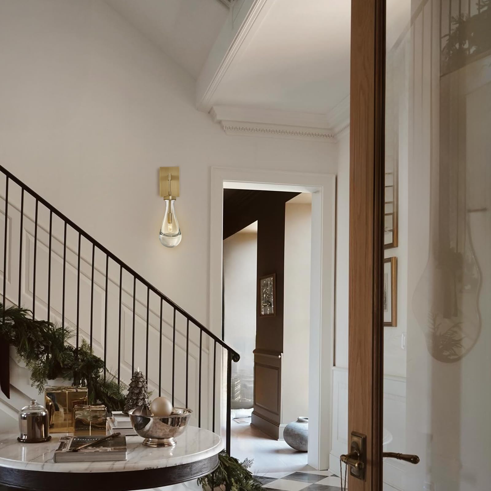 Set of 2 Brass Wall Sconces - Gold Raindrop Wall Lamps with Clear Glass for Stairway, Bedroom & Bathroom Lighting - Includes Bulbs - Perfect for Vanity, Hallway and Luxury Home Decor