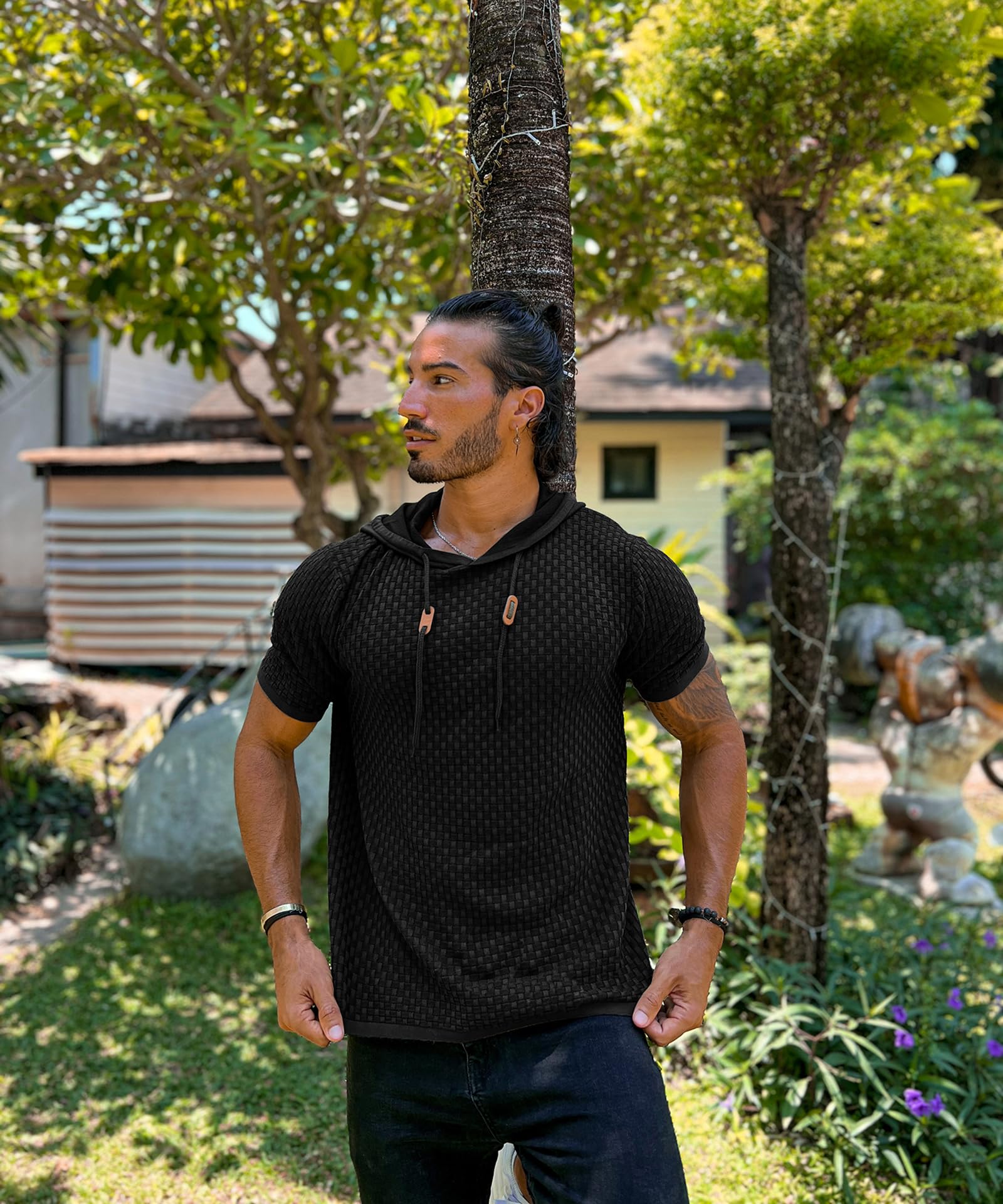 Zaitun Men's Short Sleeve Hoodie Shirt - Casual Waffle Knit Pullover Sweater for Men | Lightweight Summer Top for Outdoor Activities, Travel & Lounge Wear