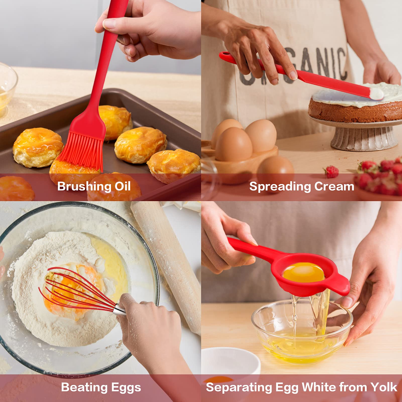 P&P CHEF 14-Piece Silicone Spatula Set - Heat Resistant Rubber Cooking Utensils for Nonstick Cookware - Includes Spatulas, Spoons, Kitchen Tongs & Baking Tools - Dishwasher Safe (Red) - Perfect for Baking, Cooking & Kitchen Prep