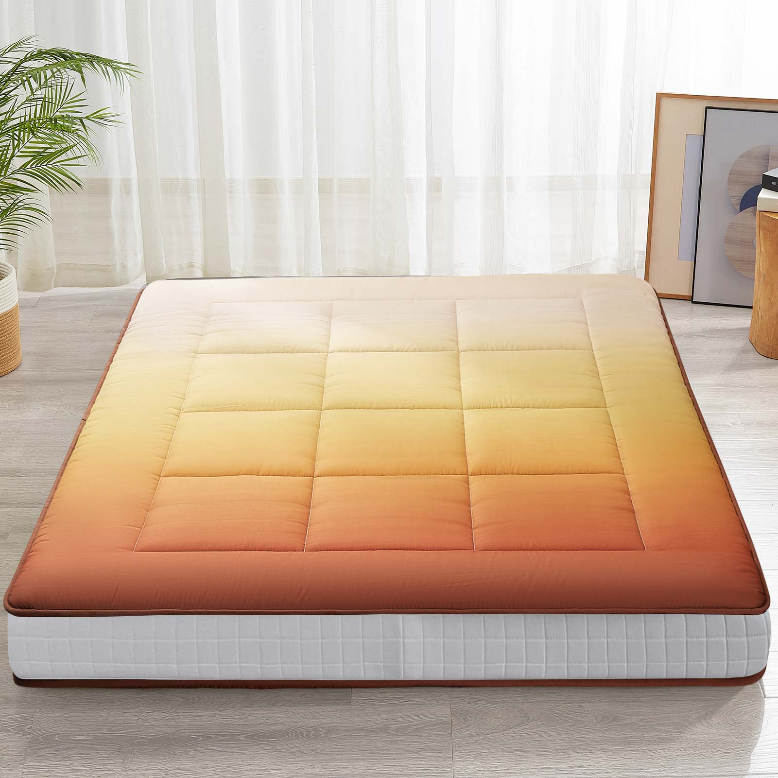 MAXYOYO 6-Inch Extra Thick Floor Futon Mattress - Square Quilted Design in Gradient Brown | Perfect for Guest Beds, Dorm Rooms, and Small Space Living