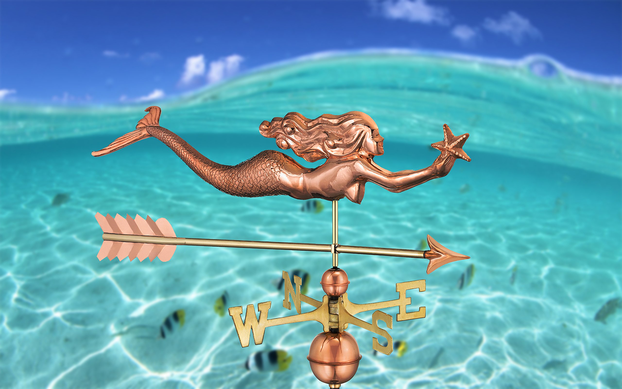 Good Directions Pure Copper Mermaid with Starfish and Arrow Weathervane - Coastal Home Decor, Garden Accent & Nautical Themed Gift