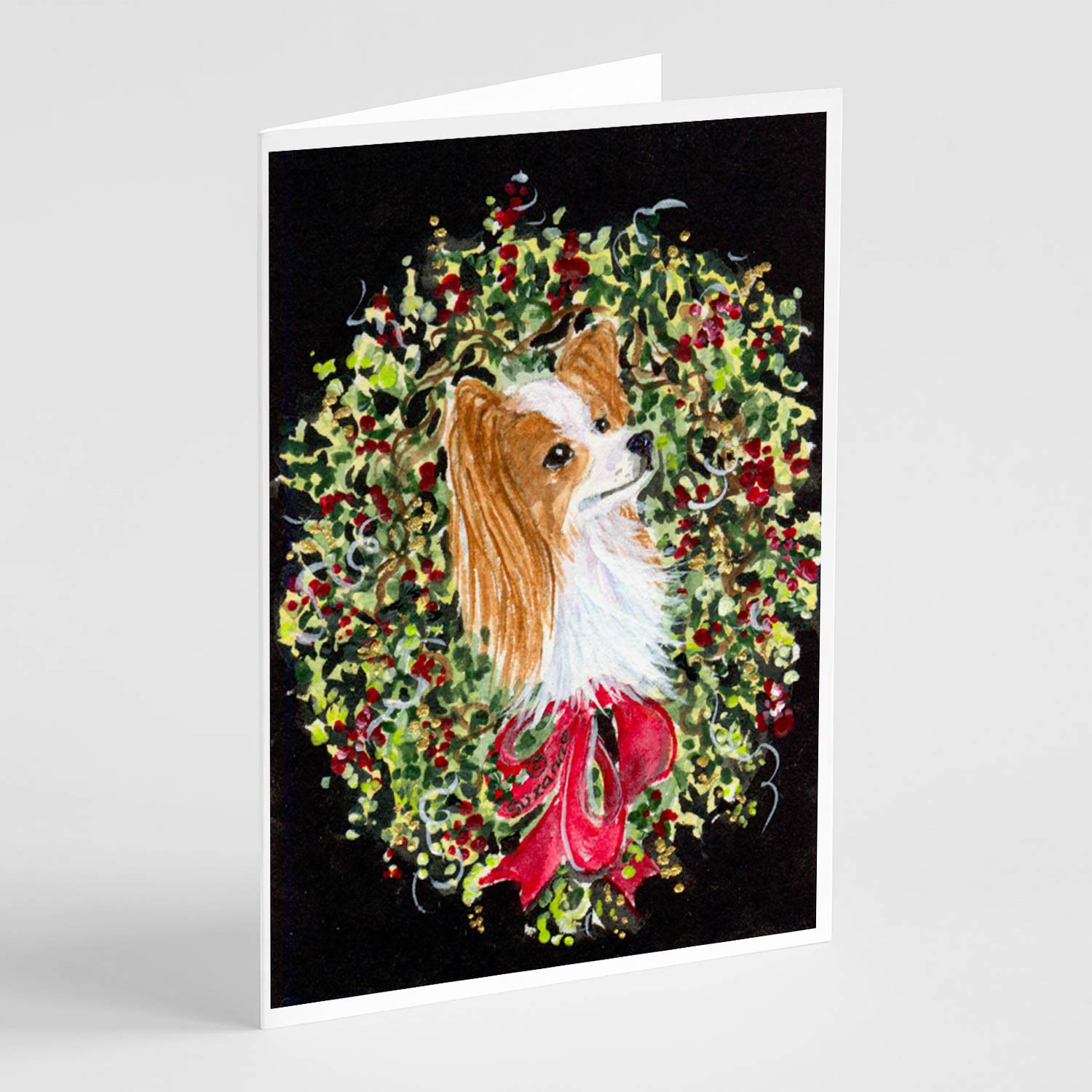 Caroline's Treasures SS8953GCA7P Christmas Wreath Papillon Blank Greeting Cards - Pack of 8 A7 Size 5x7 Note Cards with Envelopes | Holiday Cards, Christmas Party Invitations, Seasonal Greetings