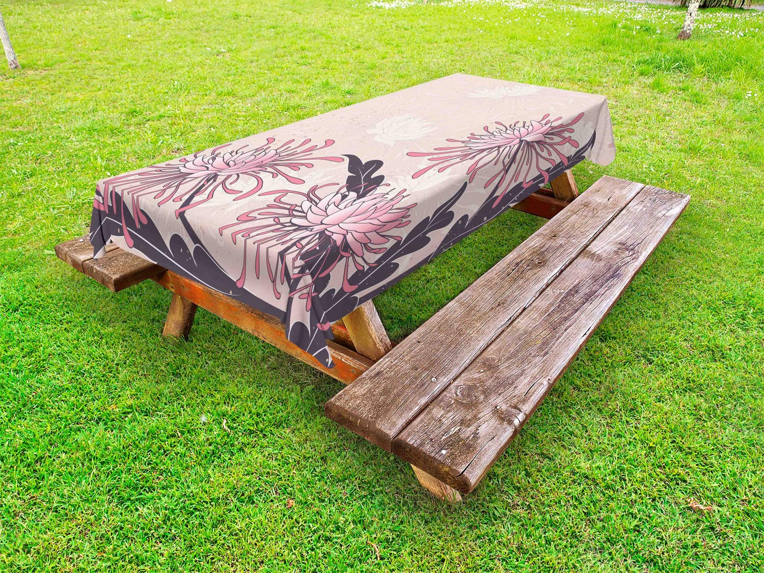 Ambesonne Vintage Floral Tablecloth - Art Nouveau Chrysanthemum Design, Washable Picnic Table Cover 58x104 Inches in Eggshell Pink & Beige | Perfect for Outdoor Dining, Garden Parties & Romantic Picnics