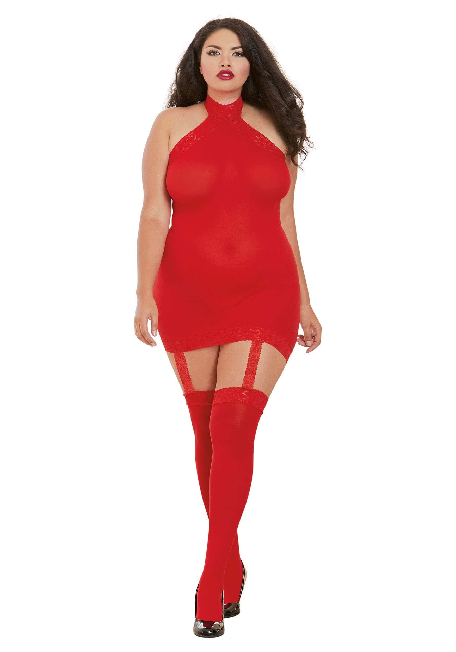 Dreamgirl Women's Plus Size Semi-Sheer Halter Garter Dress with Thigh High Stockings | Sexy Red Party Dress for Curvy Women | Perfect for Valentine's Day, Bachelorette Parties & Nightclub Outfits