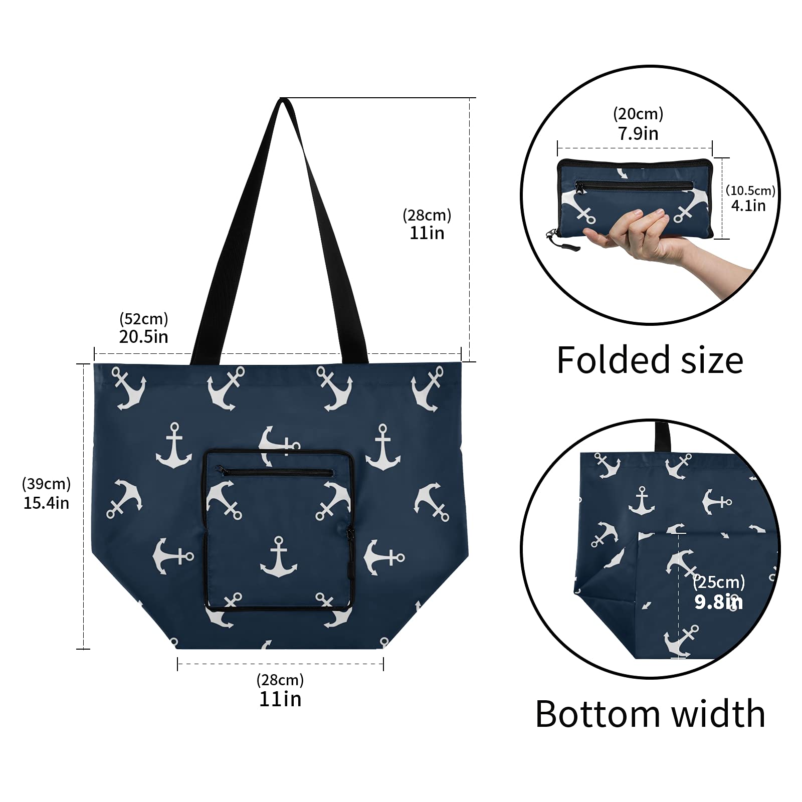 ALAZA Ocean Anchor Nautical Blue Large Reusable Tote Bag - Foldable Lightweight Grocery Shopping Bag with Handles for Women, Beach, Picnic, Travel & Outdoor Activities