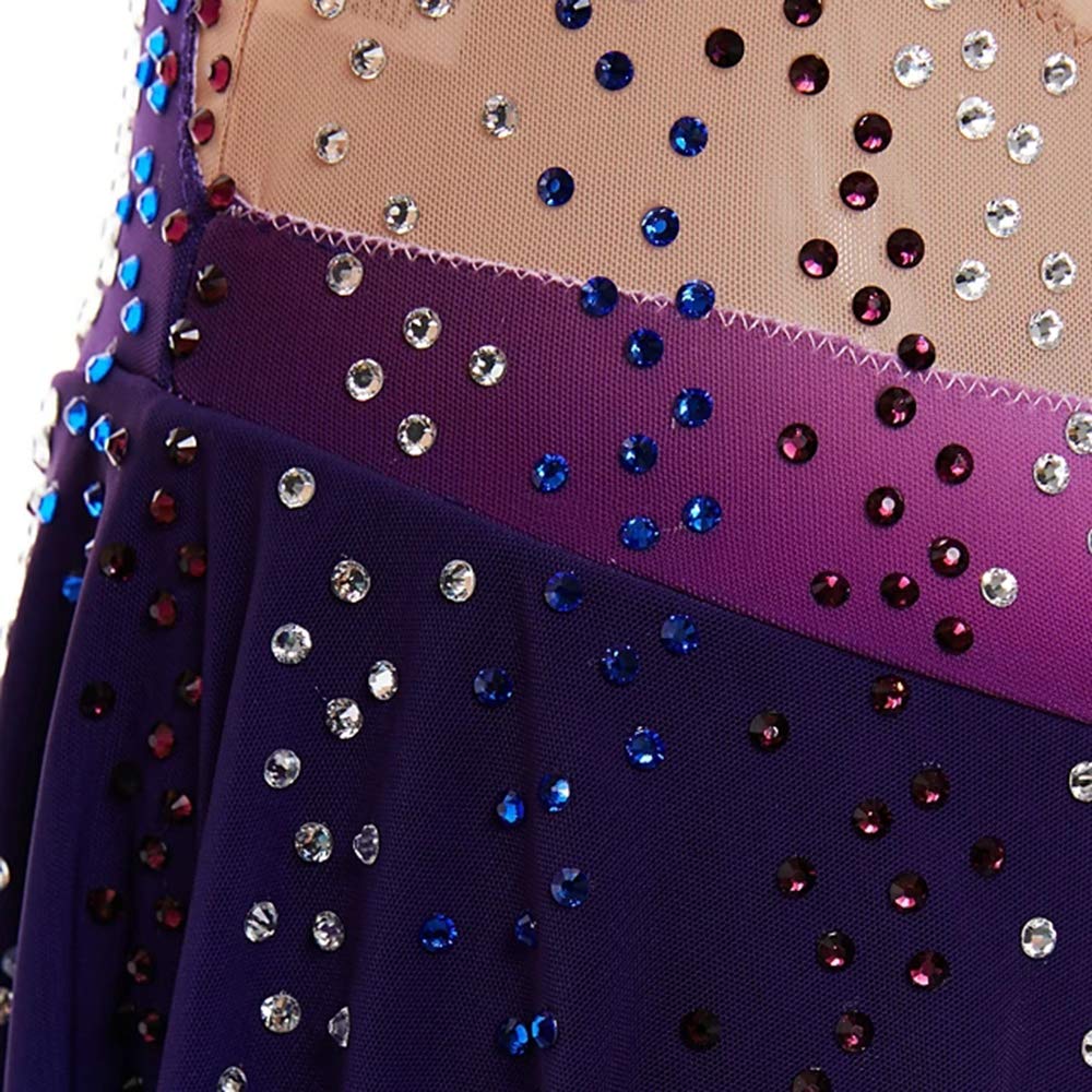 Purple & Yellow Halo Dye Spandex Ice Skating Dress with Handmade Crystals - Long Sleeve Figure Skating Costume for Competitions & Performances