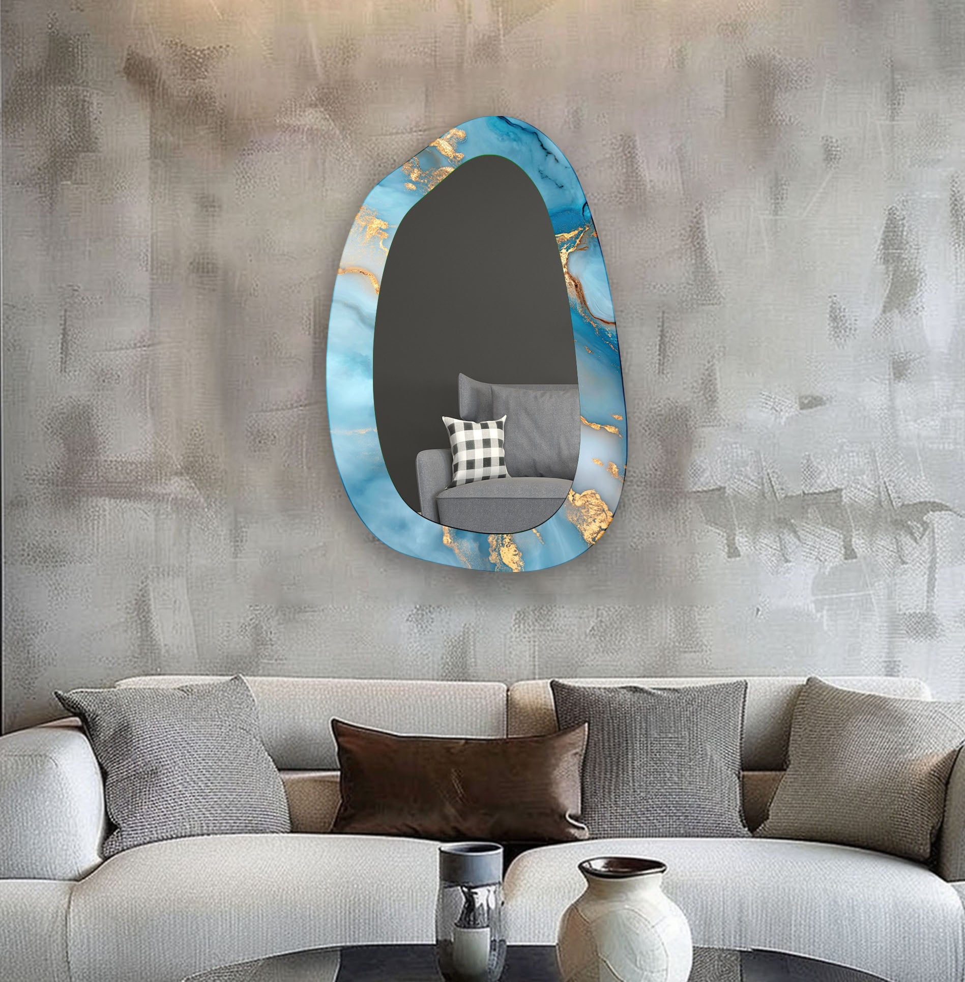 Blue Alcohol Ink Large Aesthetic Wall Mirror - Modern Boho Decor for Living Room, Bedroom & Bathroom | Handmade Unique Statement Piece for Home Decor