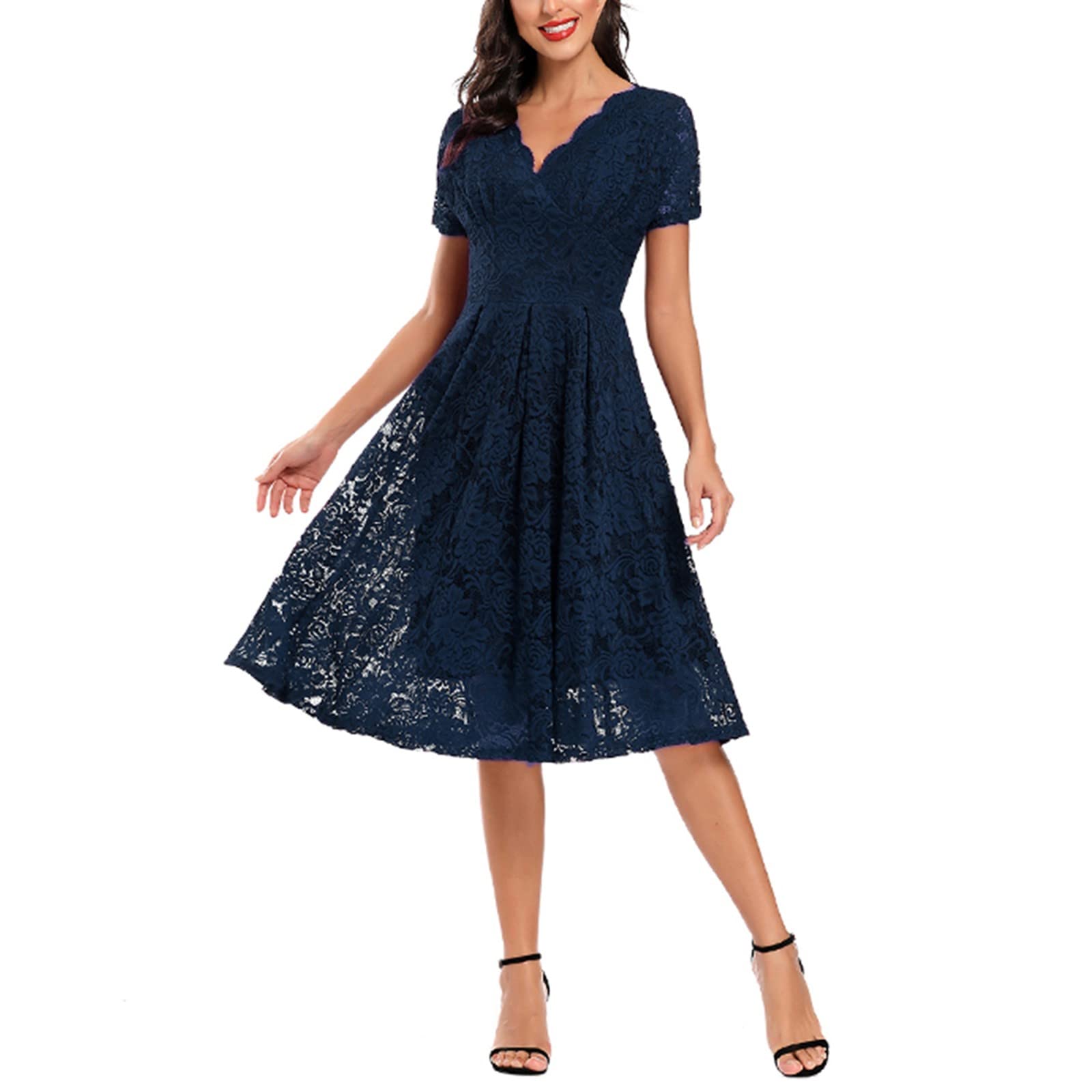 Elegant Floral Short Sleeve Semi-Formal Dress for Women | Navy Blue Party Dress | Perfect for Cocktail Parties, Weddings & Office Events