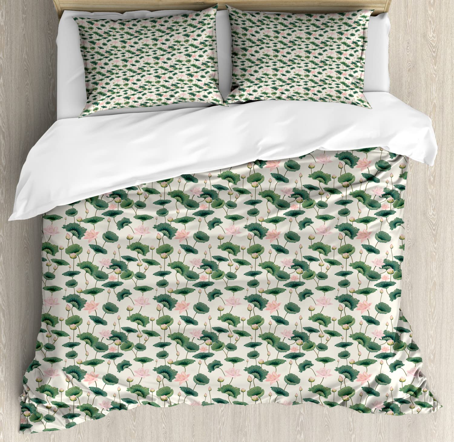 Lunarable Floral Duvet Cover Set - Budding Lotus Flowers Design, 2-Pack Cal King Size Bedding Set with 2 Duvet Covers & 4 Pillowcases, Green Multicolor - Perfect for Master Bedroom, Guest Room & Bohemian Home Decor