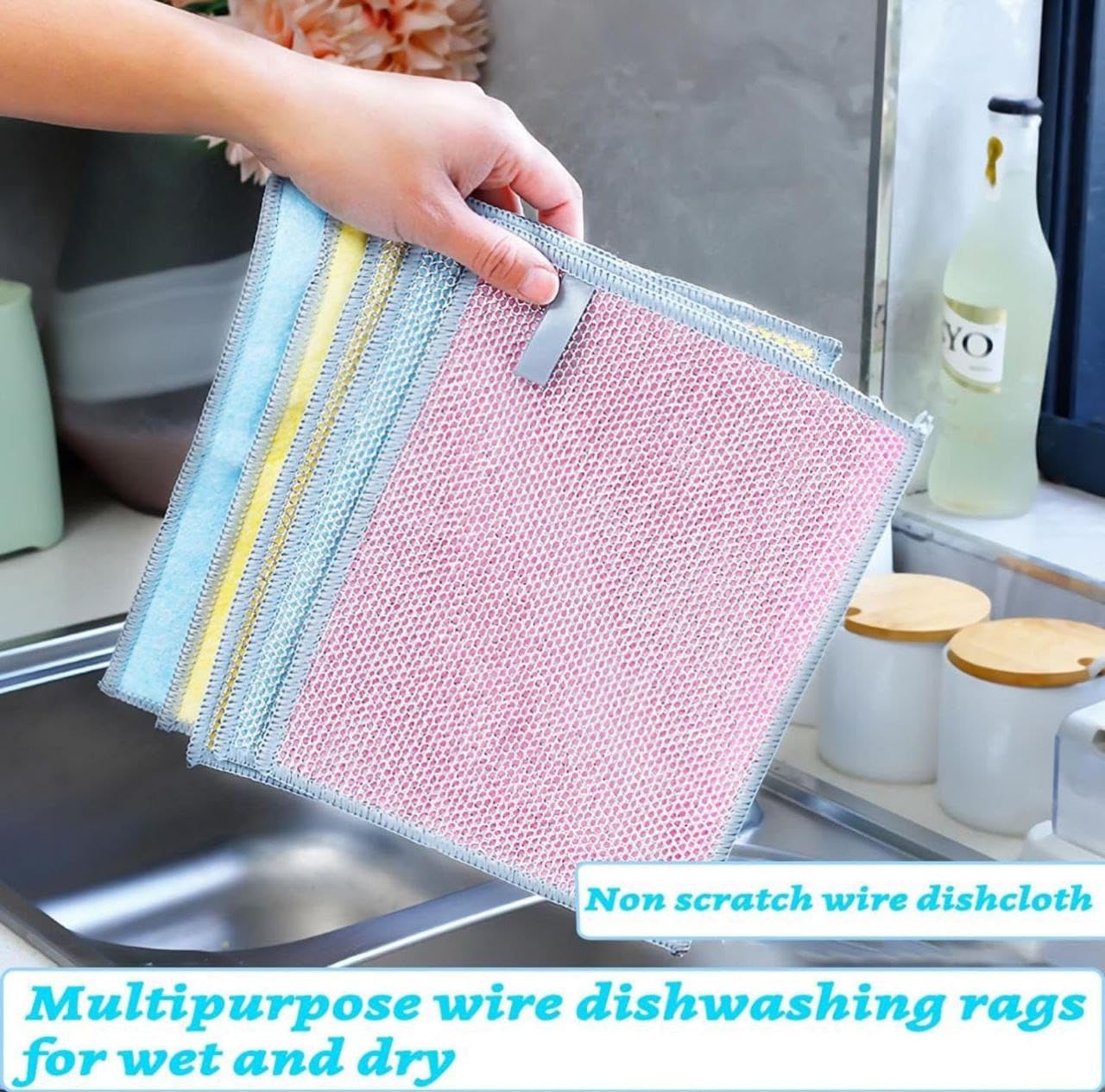 Non-Scratch Dual-Sided Dishwashing Cloths - Reusable Microfiber & Wire Cleaning Rags for Wet/Dry Use | Easy Rinse Kitchen Towels for Pots, Pans, Sinks | Durable Multi-Purpose Cleaning Cloths (6-Pack) - Perfect for Daily Dishwashing, Counter Cleaning & Stainless Steel Care