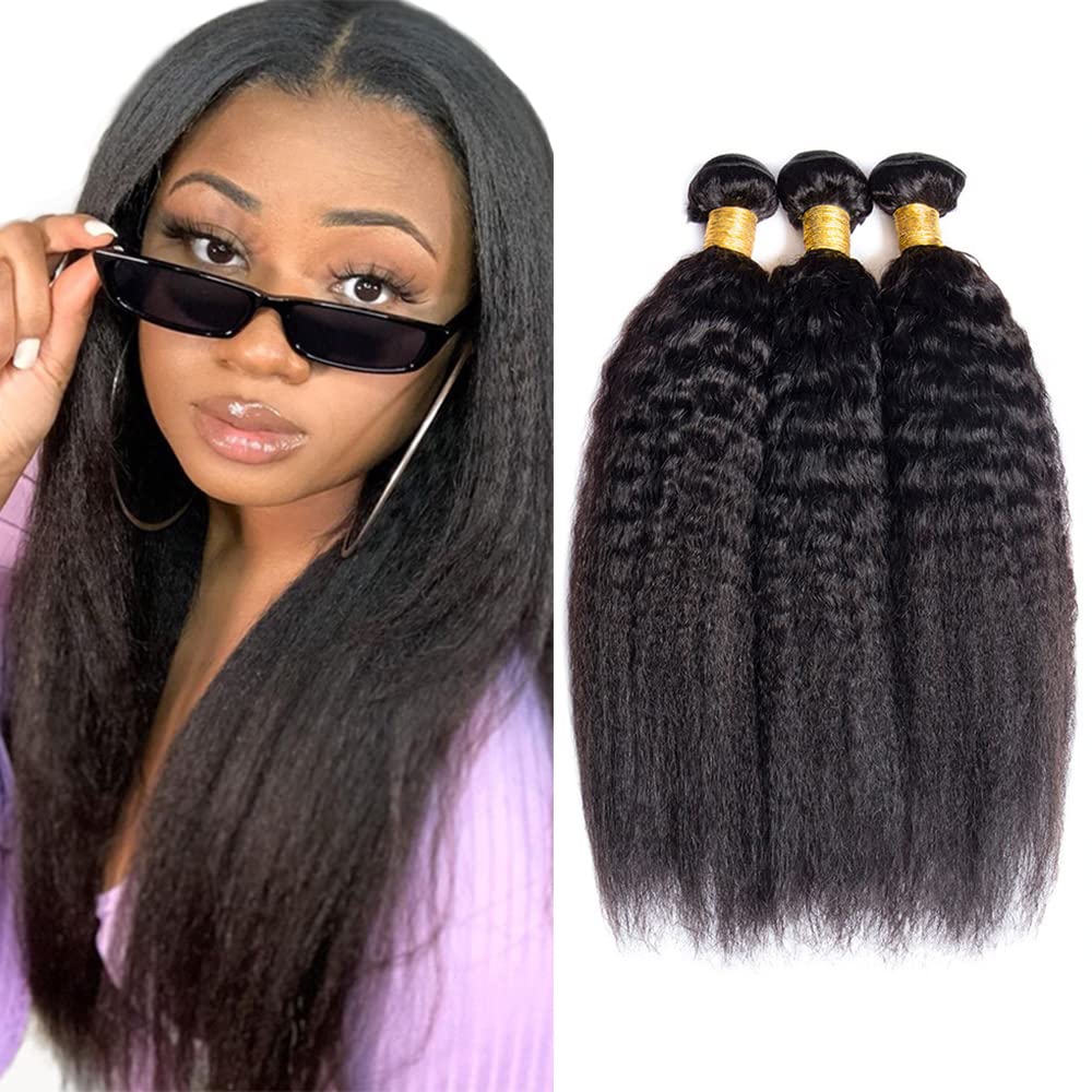 Kinky Straight Human Hair Bundles 16 16 16 Inch - 100% Peruvian Yaki Straight Virgin Hair Weft Extensions for Black Women | Perfect for Sew-in, Ponytail & Natural Hairstyles