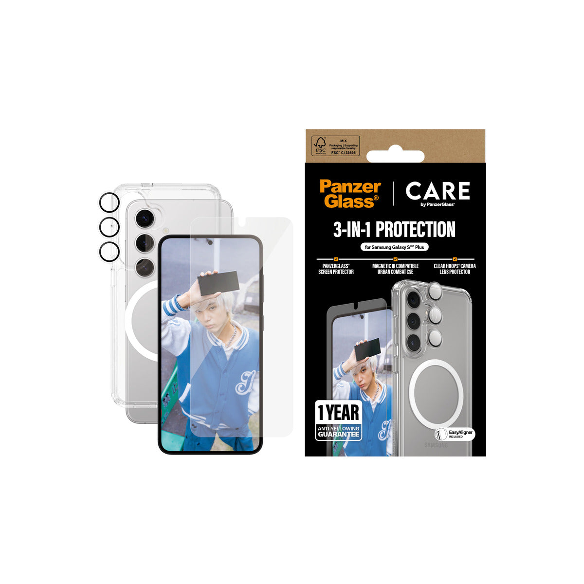 PanzerGlass CARE 3-in-1 Screen Protector Bundle for Samsung Galaxy S25 Plus - Tempered Glass, Camera Lens Protector & Cleaning Kit - Perfect for Work, Travel & Everyday Protection