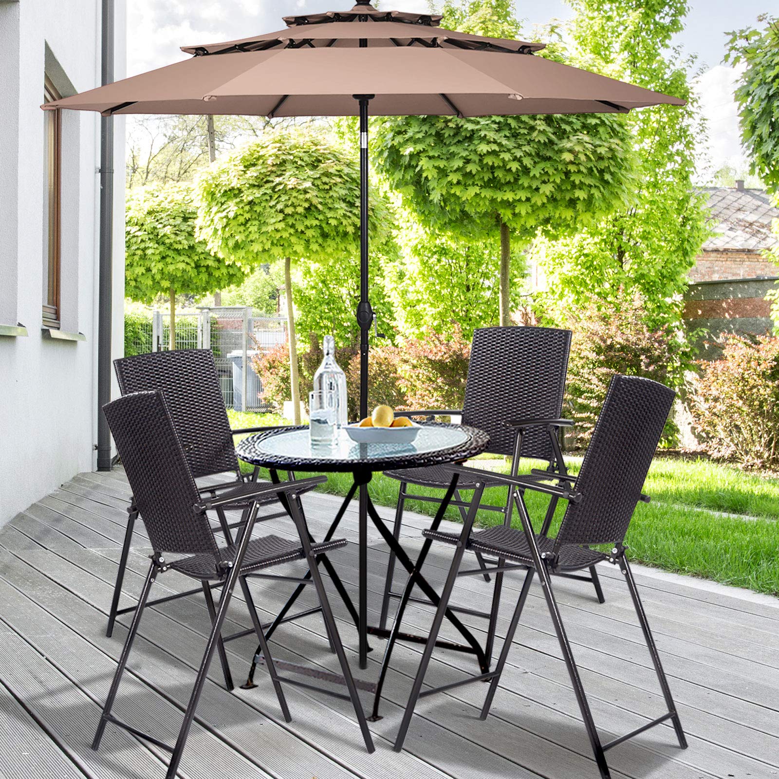 4-Piece Folding Wicker Rattan Bar Stool Set - Tall Backrest Bar Chairs with Steel Frame, Armrests & Footrest - Outdoor Patio Furniture for Garden, Poolside & Restaurant Use