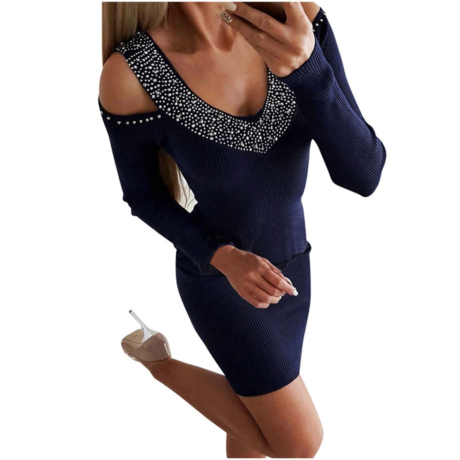 Women's Long Sleeve V-Neck Mini Fitted Dress - Slim Fit Stretchy Bodycon Dress for Party, Work & Date Night