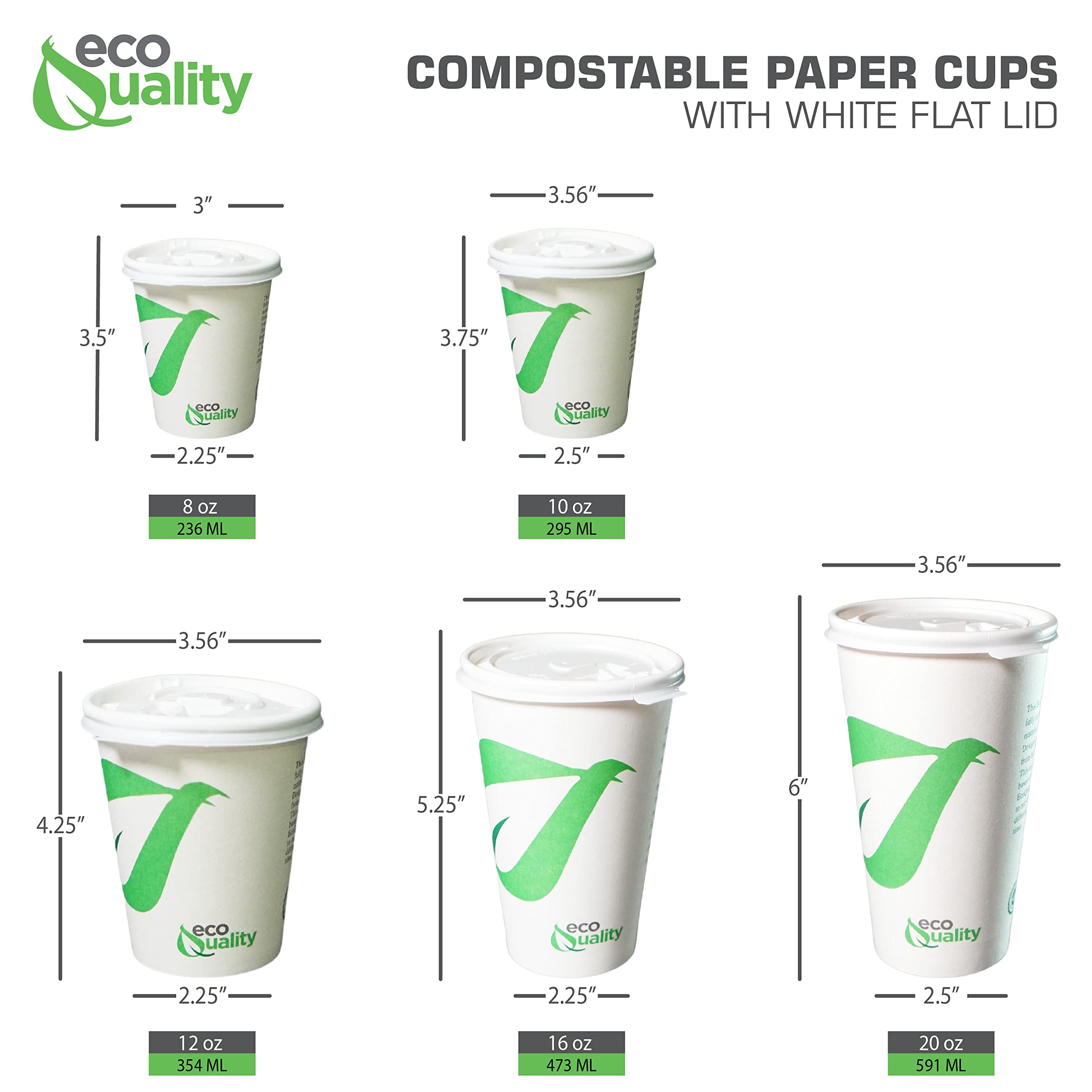 8 oz Compostable Paper Coffee Cups with White Flat Lids - Biodegradable PLA Lined Disposable Cups for Hot & Cold Drinks - Eco-Friendly Party, Office, or Cafe Use (400 Pack)