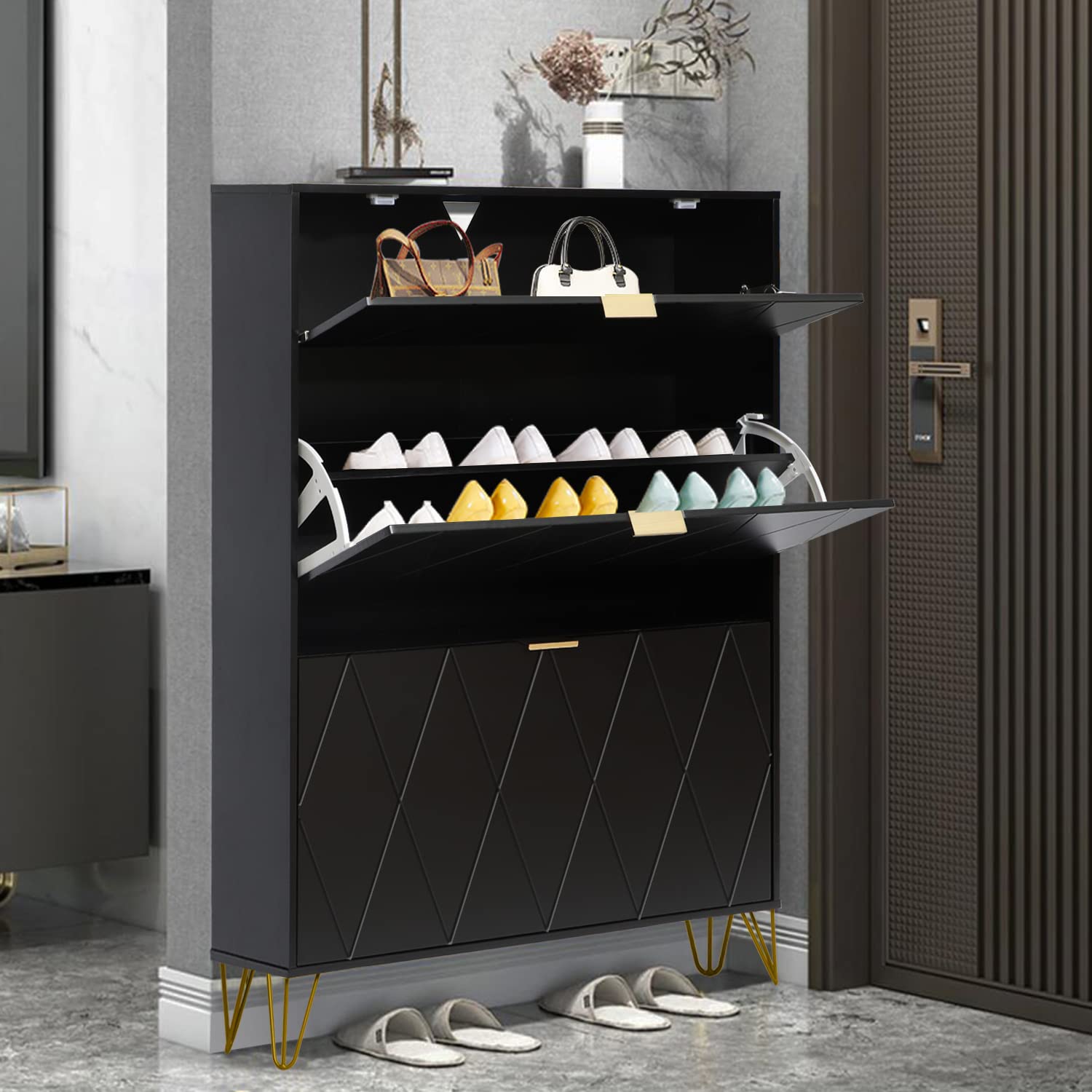 Anbuy Shoe Cabinet - 3-Tier Flip Drawer Shoe Storage Organizer, Free Standing Narrow Shoe Rack for Entryway, Modern Tipping Bucket Shoe Cabinet (Black) - Perfect for Small Spaces, Apartments & Closet Organization