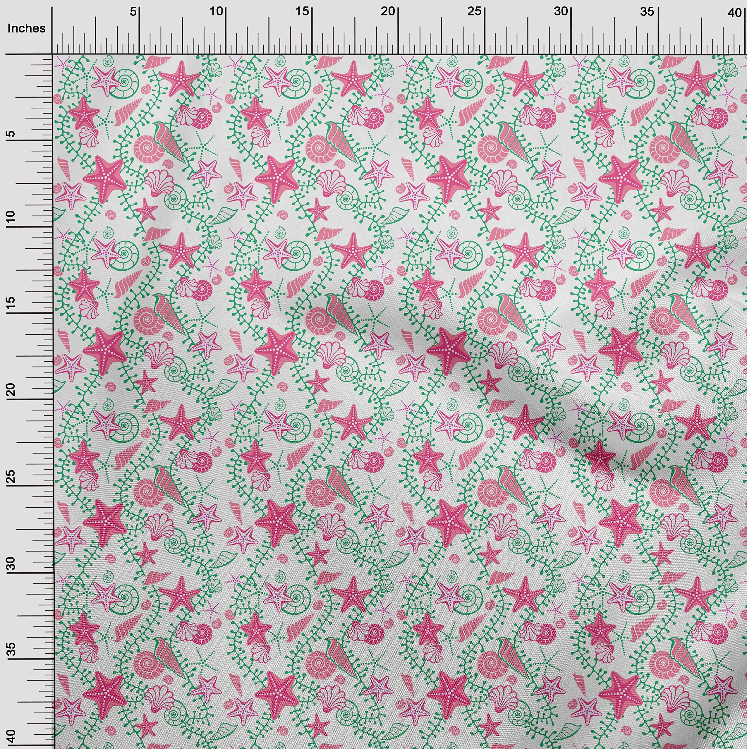 Premium 100% Cotton Cambric Pink Fabric with Beach Starfish & Shell Print - 56 Inch Wide by The Yard | Perfect for Summer Dresses, DIY Projects & Beachwear