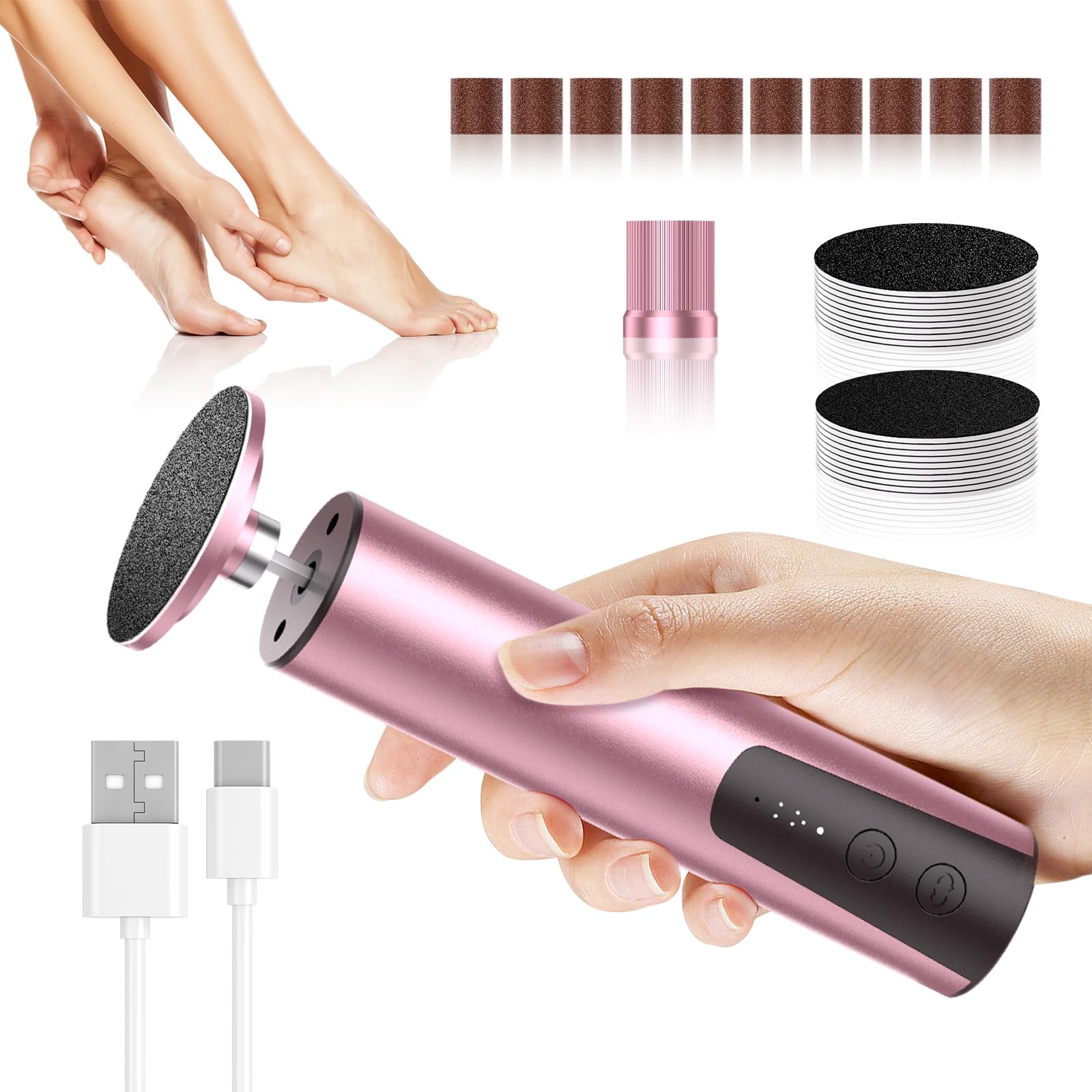 Professional Electric Callus Remover for Feet - Rechargeable 2-in-1 Foot File & Nail Grinder with 6 Speed Settings, Sandpaper Disc for Dead Skin & Callus Removal - Perfect for Home Pedicure & Foot Care (Pink)