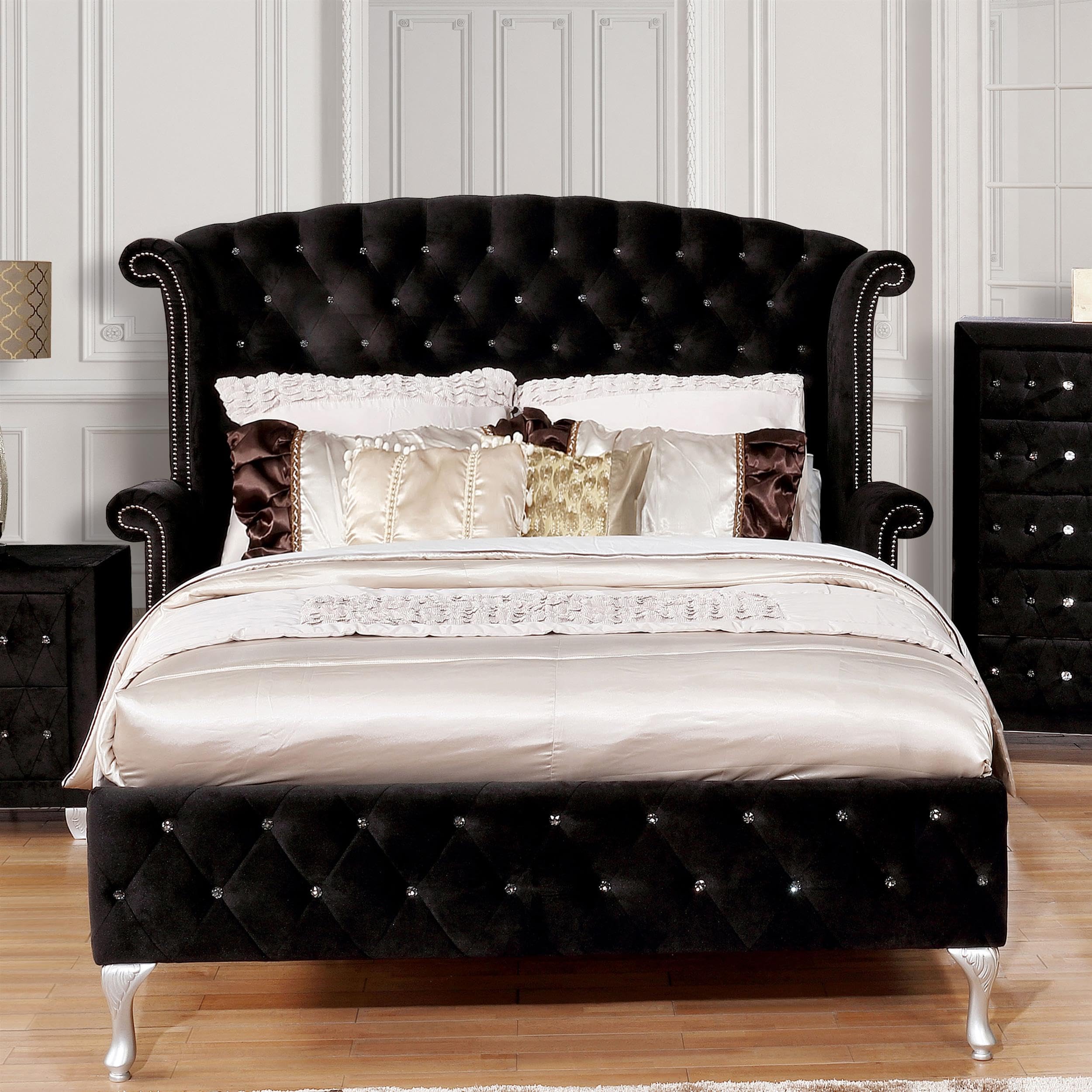 Furniture of America Serena Fabric Platform Queen Tufted Bed in Black - Modern Upholstered Bed Frame for Master Bedroom & Guest Room