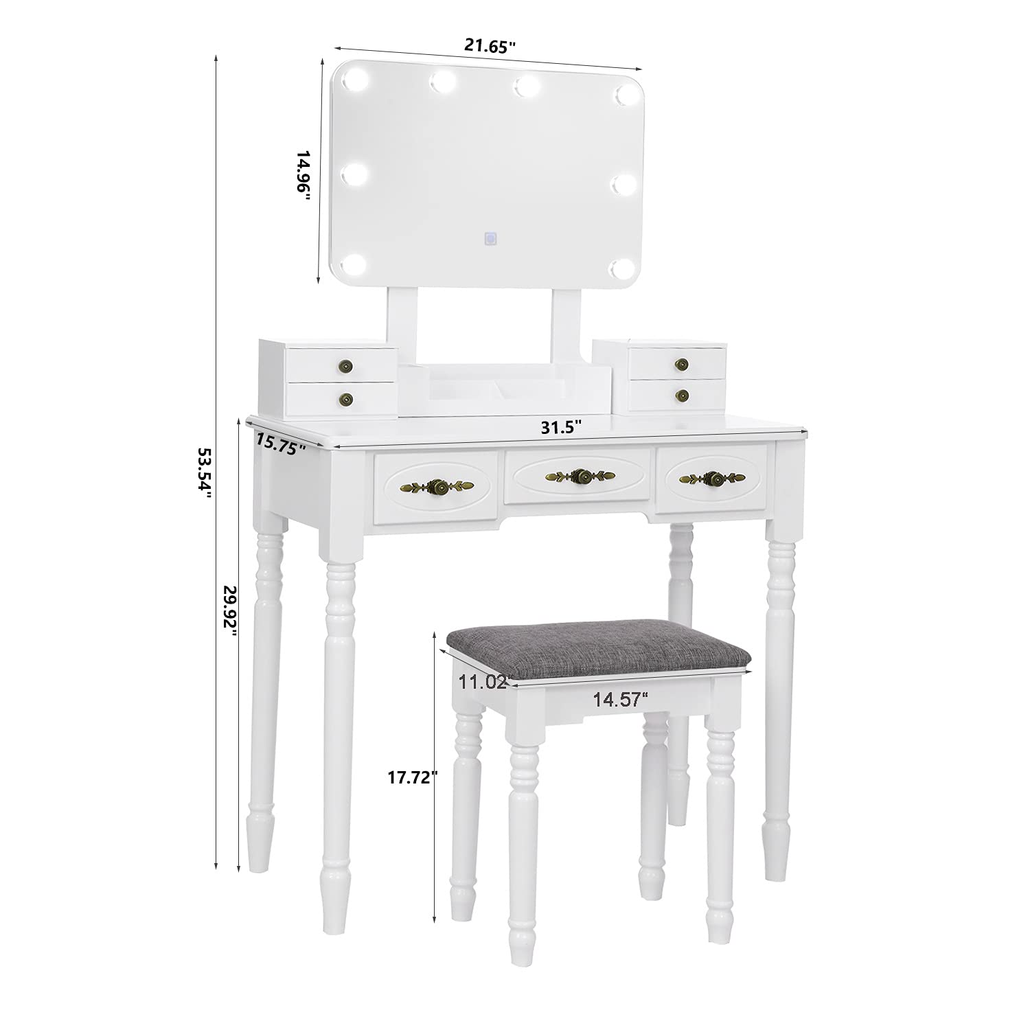 BEWISHOME White Vanity Desk with Mirror and LED Lights - Makeup Vanity Set with 8 Adjustable Bulbs, 3 Color Modes, 7 Drawers & Stool - Modern Dressing Table for Bedroom, Bathroom or Salon (Model FST13W)
