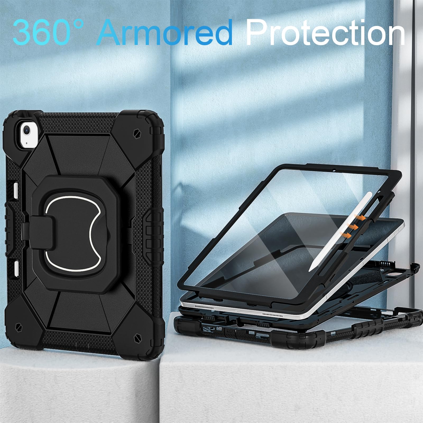 Premium Shockproof iPad Air 13 Inch Case (2024/2025 M3/M2 Models) - Military Grade Protection with Built-in Pencil Holder, Screen Protector & 360° Rotating Stand | Perfect for Work, Travel & Home Use | Black Protective Cover