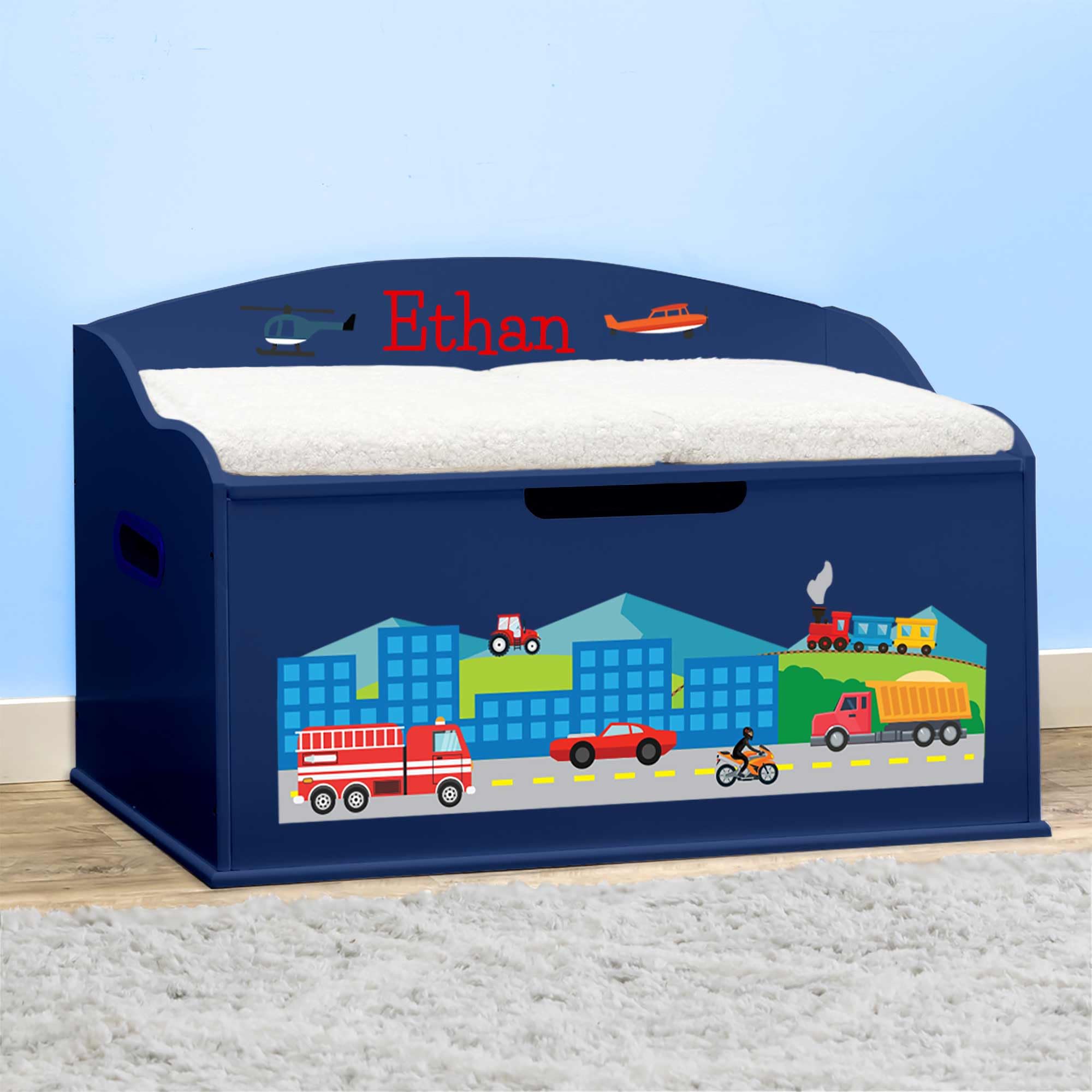 DIBSIES Personalized Creative Wonders Toy Box for Kids - Cars, Trucks, Planes & Trains Storage Organizer (Blue) | Perfect for Nursery, Playroom & Birthday Gifts