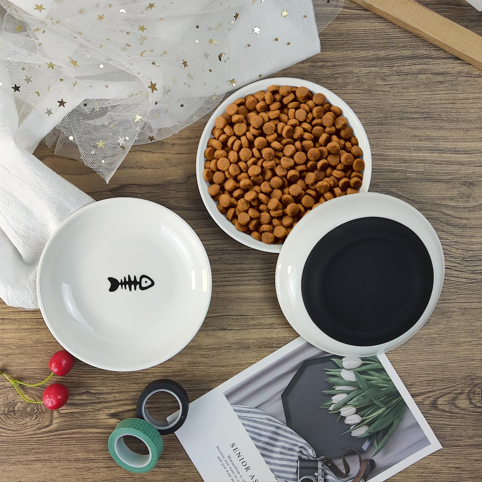 3Pcs Ceramic Cat Food Bowls with Non-Slip Silicone Base - Anti Whisker Fatigue Shallow Dishes for Dry & Wet Food - Perfect for Indoor Cats & Kittens - Ideal for Mealtime Comfort and Easy Cleaning