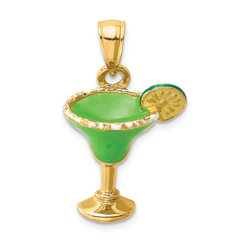 14K Yellow Gold Green Salted Margarita Drink with Lime Charm Pendant - Dainty Cocktail Jewelry for Women - Perfect for Parties, Beach Vacations & Summer Accessories