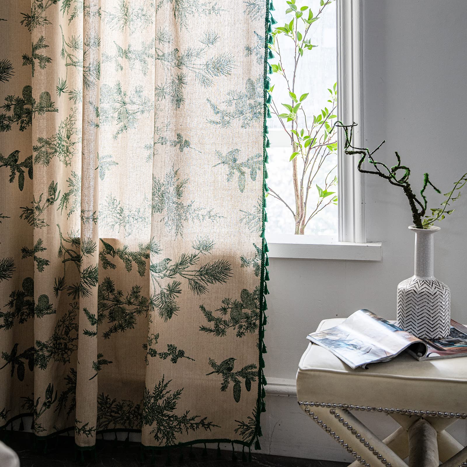 Bohemian Floral Semi-Sheer Cotton Linen Curtains 96 Inch Length - Farmhouse Style with Tassel Trim, Green Botanical Print, Rod Pocket Room Darkening Drapes (2 Panels) for Living Room, Bedroom, Nursery & Boho Home Decor