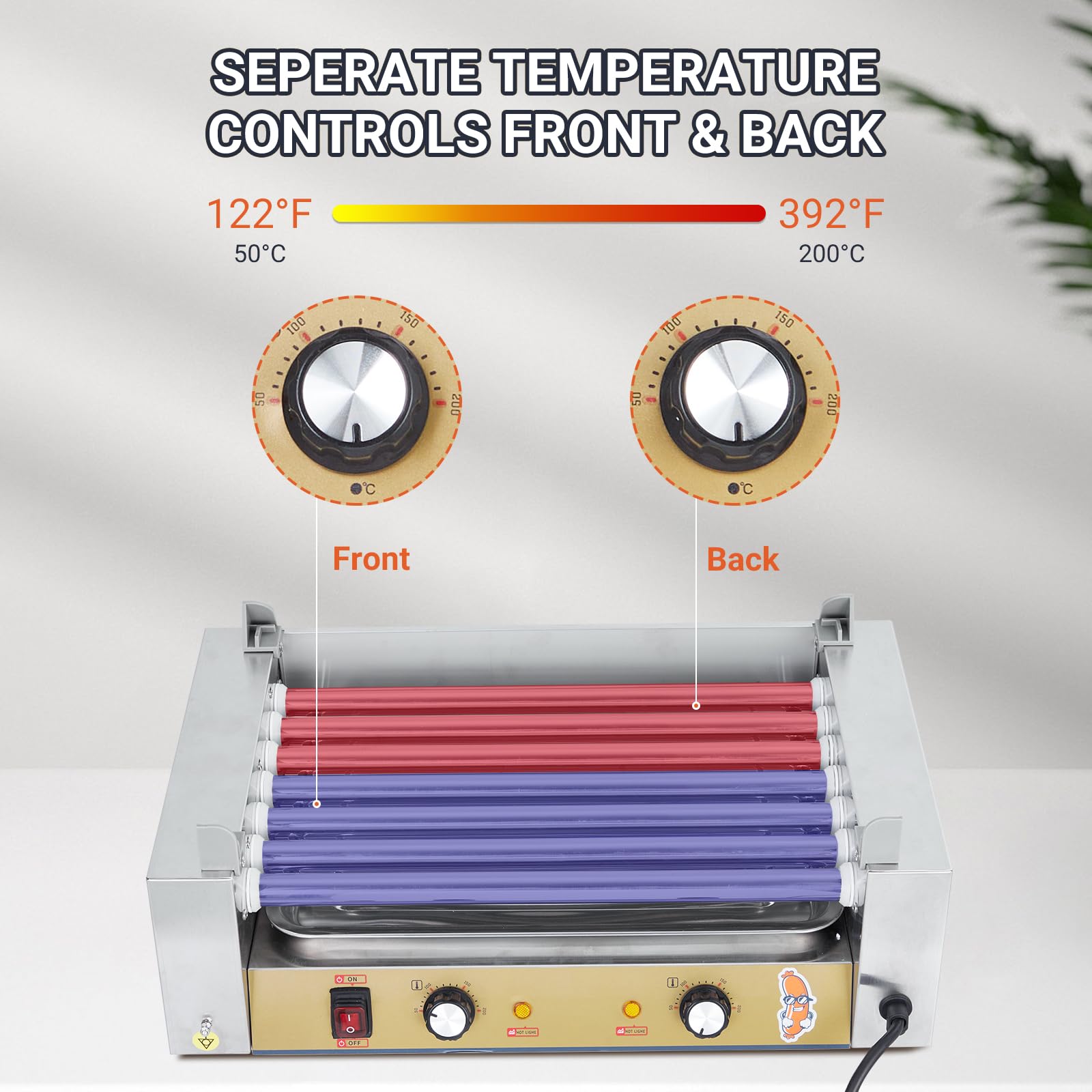 18 Hot Dog Roller with Bun Warmer - 1050W Commercial Grade Hot Dog Machine with 7 Stainless Steel Rollers, Dual Temperature Control, PC Hood Shelf & Removable Oil Drip Tray - Perfect for Restaurants, Food Trucks, Carnivals and Home Use