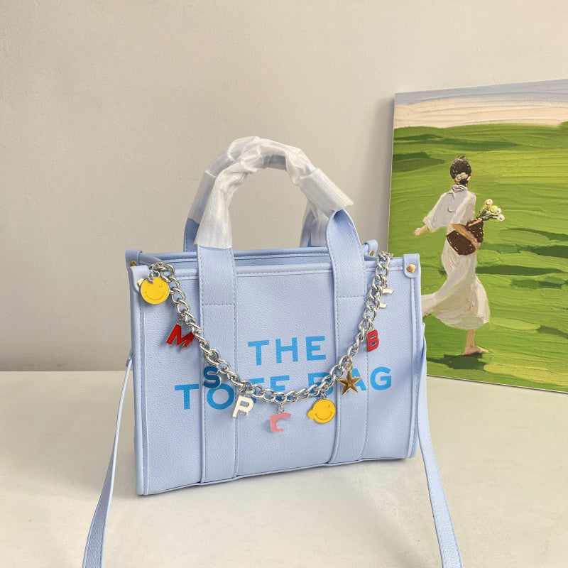 Stylish Letter Chain Tote Bag for Women - Trendy Canvas Shoulder Bag with Metal Chain Strap - Perfect for Shopping, Beach, Work & Daily Use