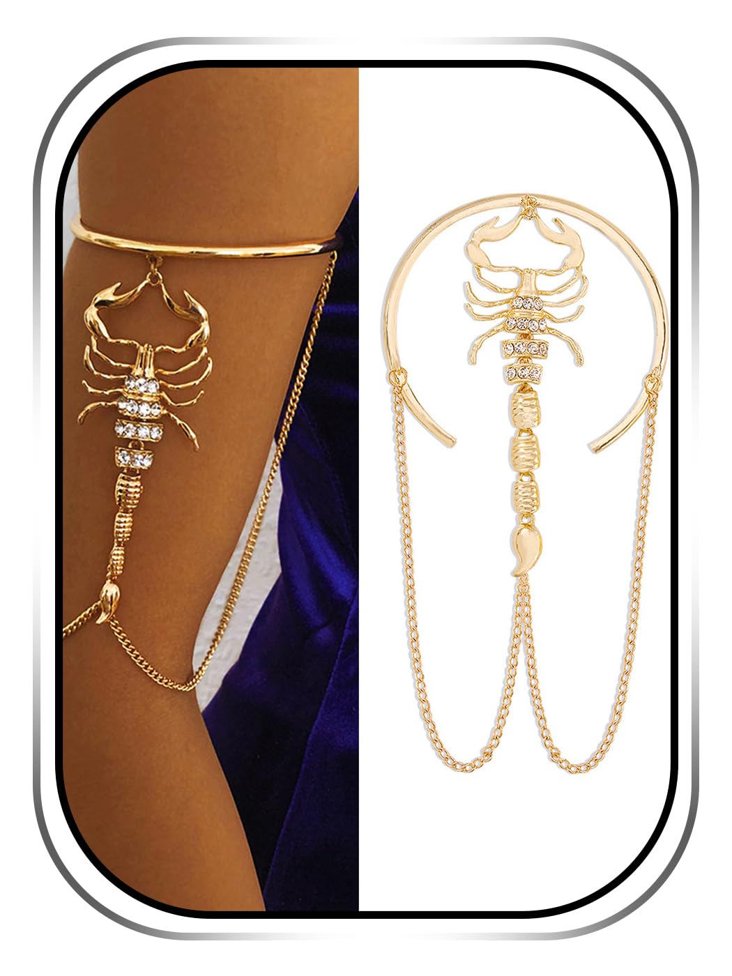 Urieo Scorpion Cuff Arm Bracelet - Gold Rhinestone Crystal Open Upper Arm Band with Tassel Chain, Elegant Bangle Jewelry for Women | Perfect for Raves, Parties, and Evening Events