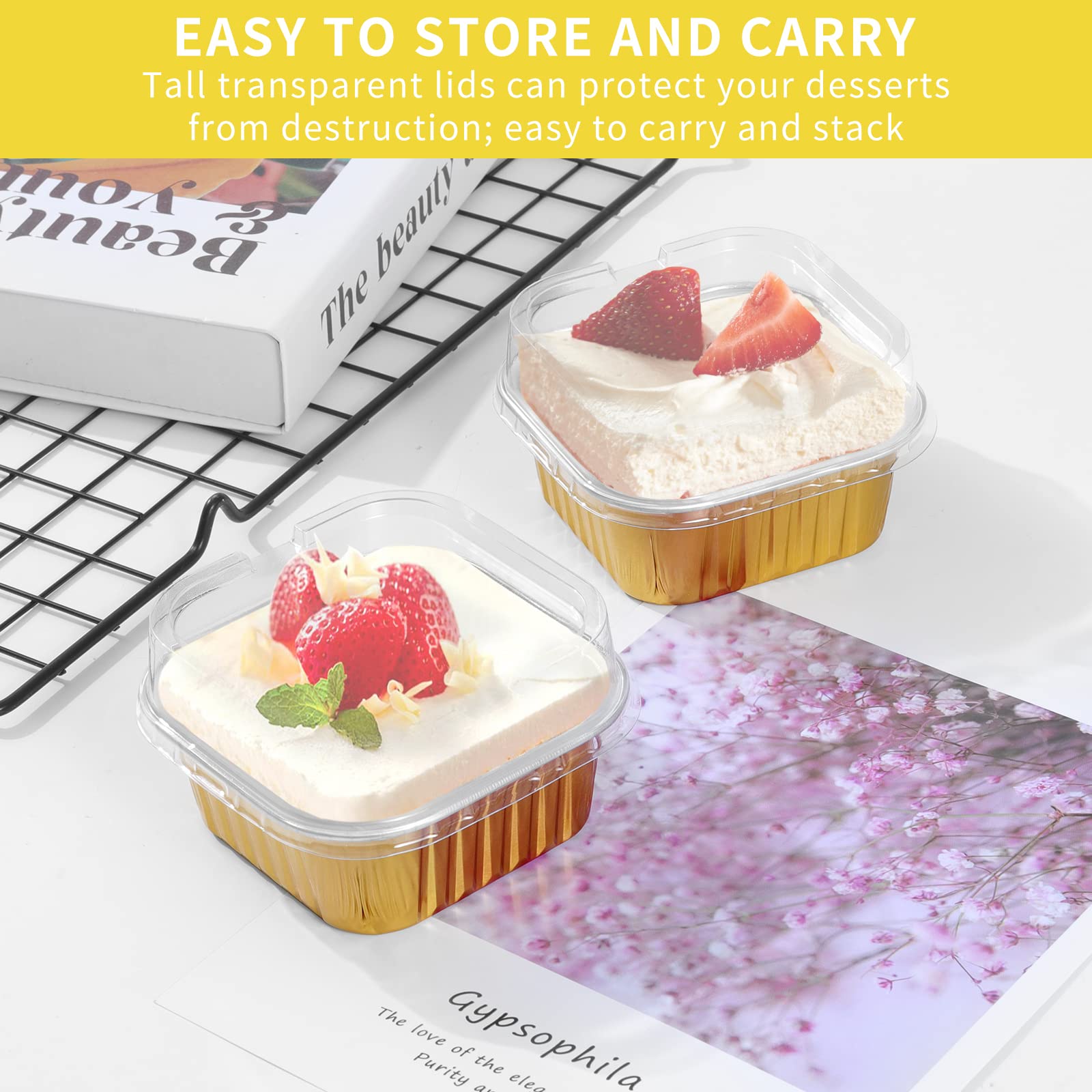 HEYYUMI 50-Pack 5oz Aluminum Foil Mini Square Baking Cups with Lids - Disposable Ramekins, Muffin Tins & Dessert Containers for Cheesecake, Brownies, Flans - Perfect for Home Baking, Parties & Meal Prep