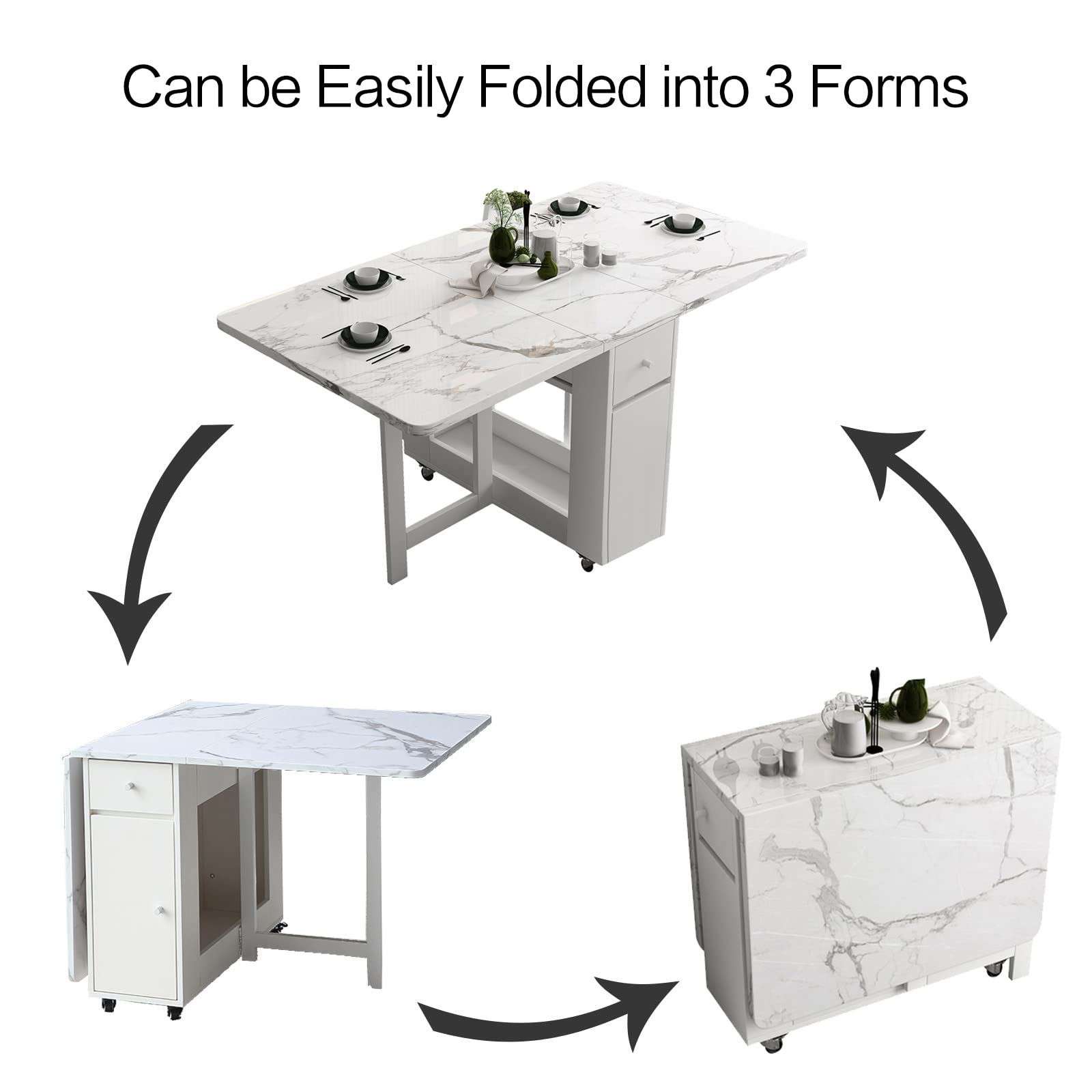FUNROLUX White Folding Dining Table with Rack & 2 Storage Drawers - Extendable Space Saving Kitchen Table with 3 Adjustable Forms | Perfect for Small Apartments, Studio Kitchens & Compact Living Spaces