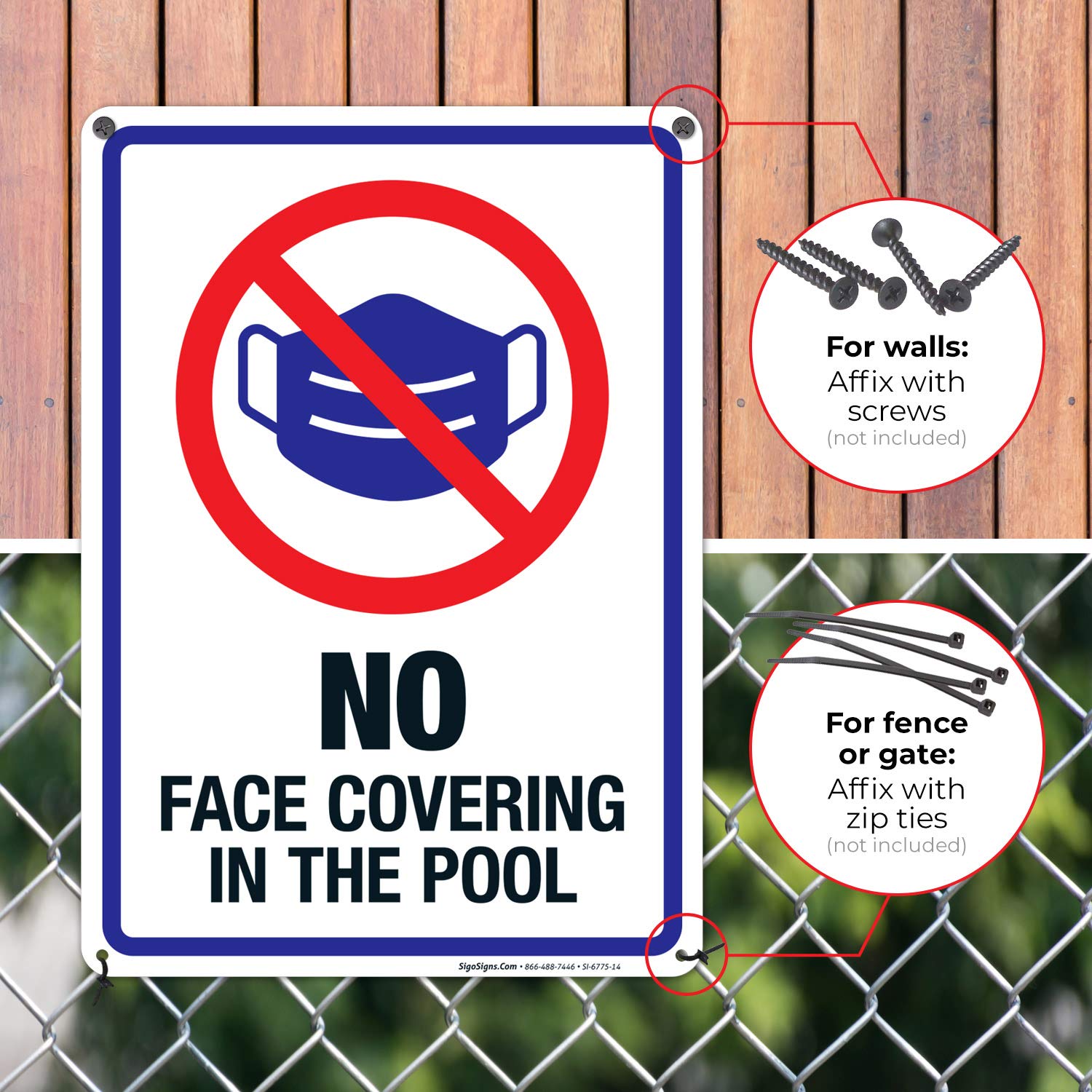 10x14 Inches No Face Covering in The Pool Sign, Rust-Free .040 Aluminum, Fade Resistant, Indoor/Outdoor Use, Made in USA, Ideal for Public Pools, Swim Clubs, and Water Parks