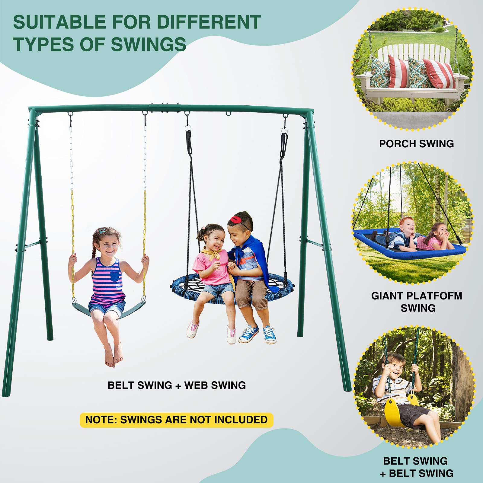 Heavy Duty 440lbs Capacity Metal Swing Stand Frame with Ground Stakes - for Kids & Adults Outdoor Play, Backyard, Garden, Park - Compatible with Most Swing Seats