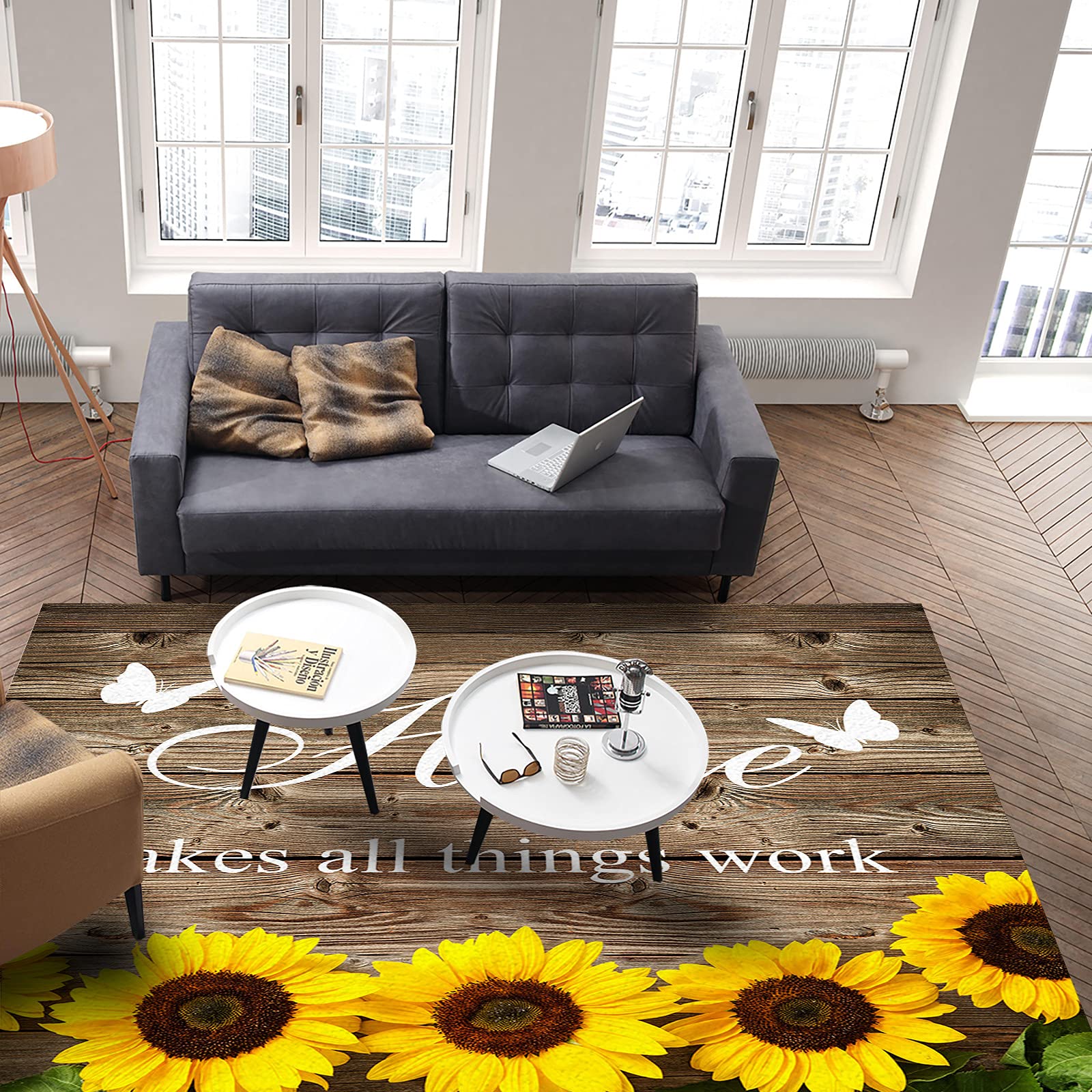 **3'x5' Outdoor Rug - Non-Shedding Boho Carpet Runner for Bedroom, Living Room, Entryway, Kitchen & Bathroom Decor - Sunflowers Wood Grain Design - Perfect for Home, Patio, and Indoor/Outdoor Use**