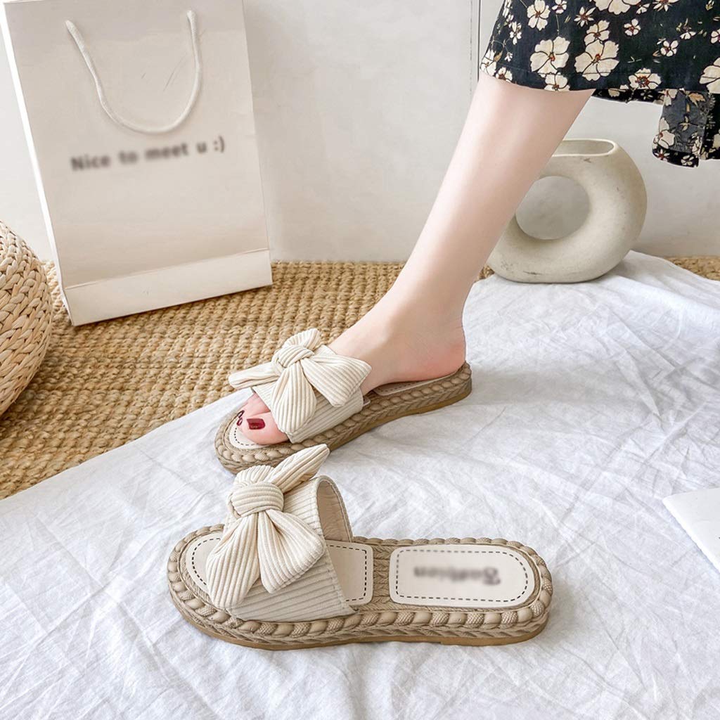Butterfly Knot Corduroy Non-Slip Women's Indoor Slippers - Comfortable Home Shoes for Spring & Autumn - Beige Size 35 - Perfect for Living Room, Bedroom & Relaxation