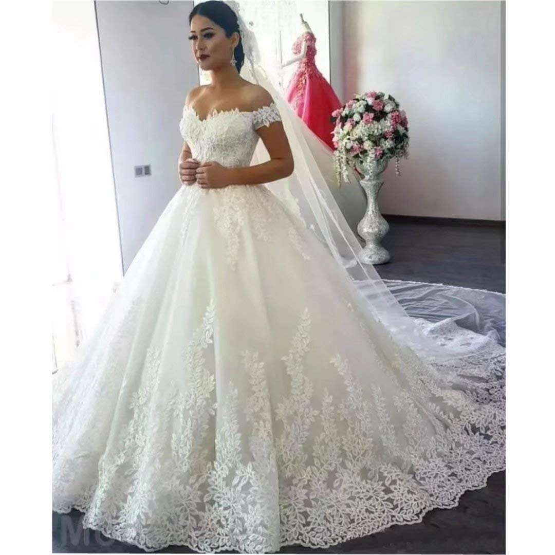 2020 Princess Women's Off Shoulder Lace Wedding Dress - Elegant White Bridal Gown with Court Train for Bride | Perfect for Church Ceremonies, Beach Weddings & Formal Receptions