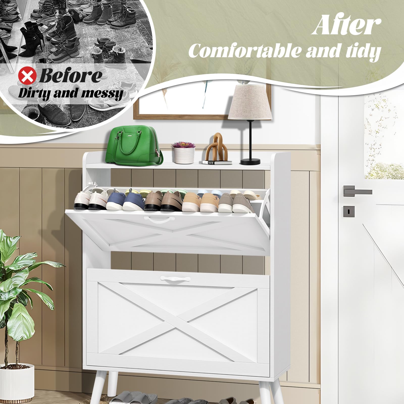 SUNCROWN Freestanding Shoe Storage Cabinet with 2 Flip Drawers - White Narrow Entryway Organizer with Wooden Legs - Perfect for Small Spaces, Closet & Bedroom Organization