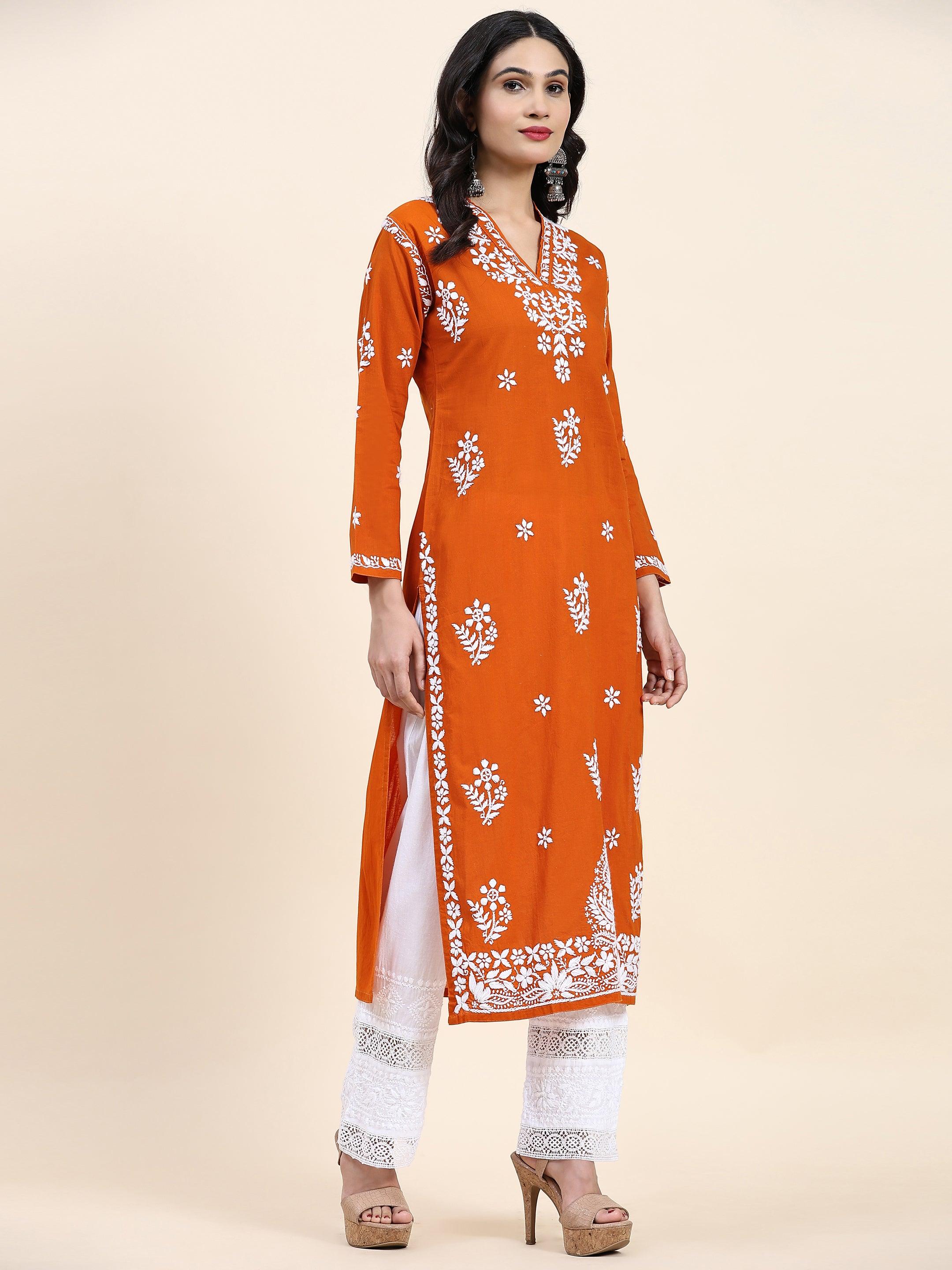 Fizaa Women's Chikankari Embroidered Long Cotton Kurta - Orange | Elegant Traditional Indian Dress for Festivals & Special Occasions