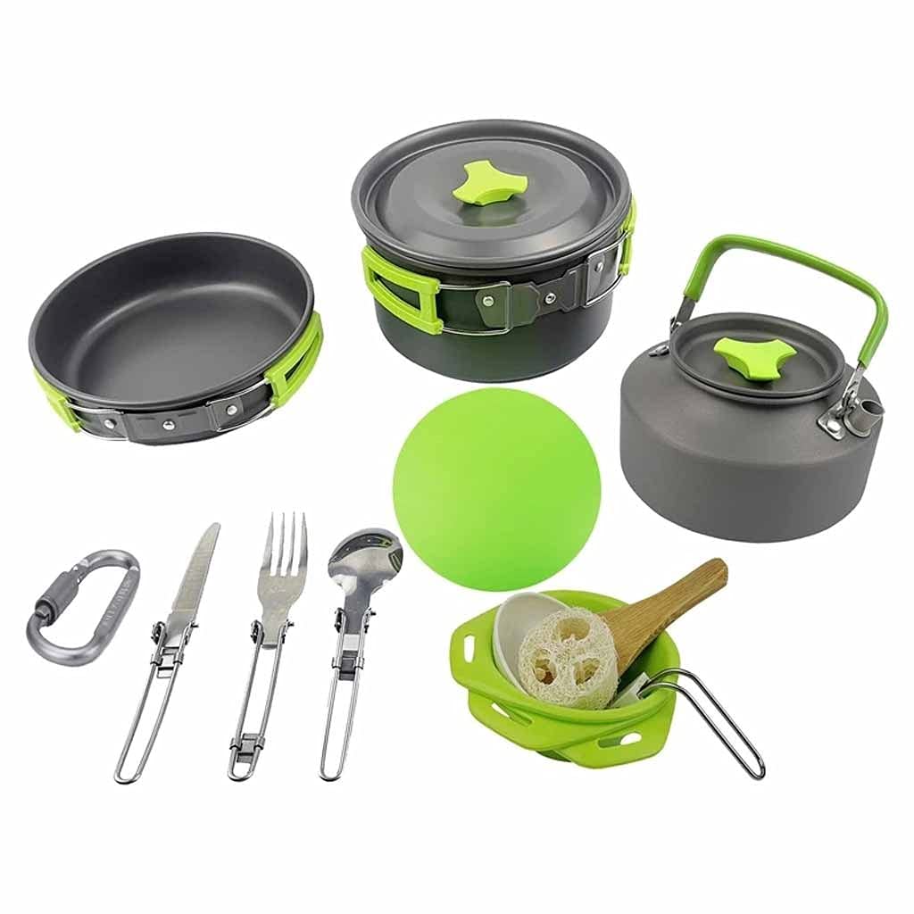 MJWDP 10-Piece Camping Cookware Set - Lightweight Stainless Steel Outdoor Cooking Kit with Flat-Bottomed Pot, Kettle & Chopping Board - Perfect for Camping, Hiking, Picnics & Backpacking Trips