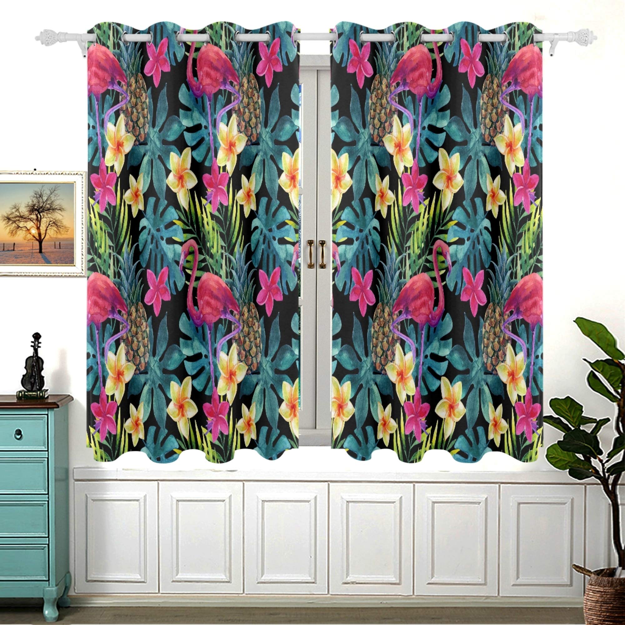 MNSRUU Blackout Curtains 2 Panels - Flamingo Pineapple Flower Room Darkening Window Drapes with Grommets, 54 Inch Length for Bedroom & Living Room - Perfect for Light Blocking, Privacy & Home Decor