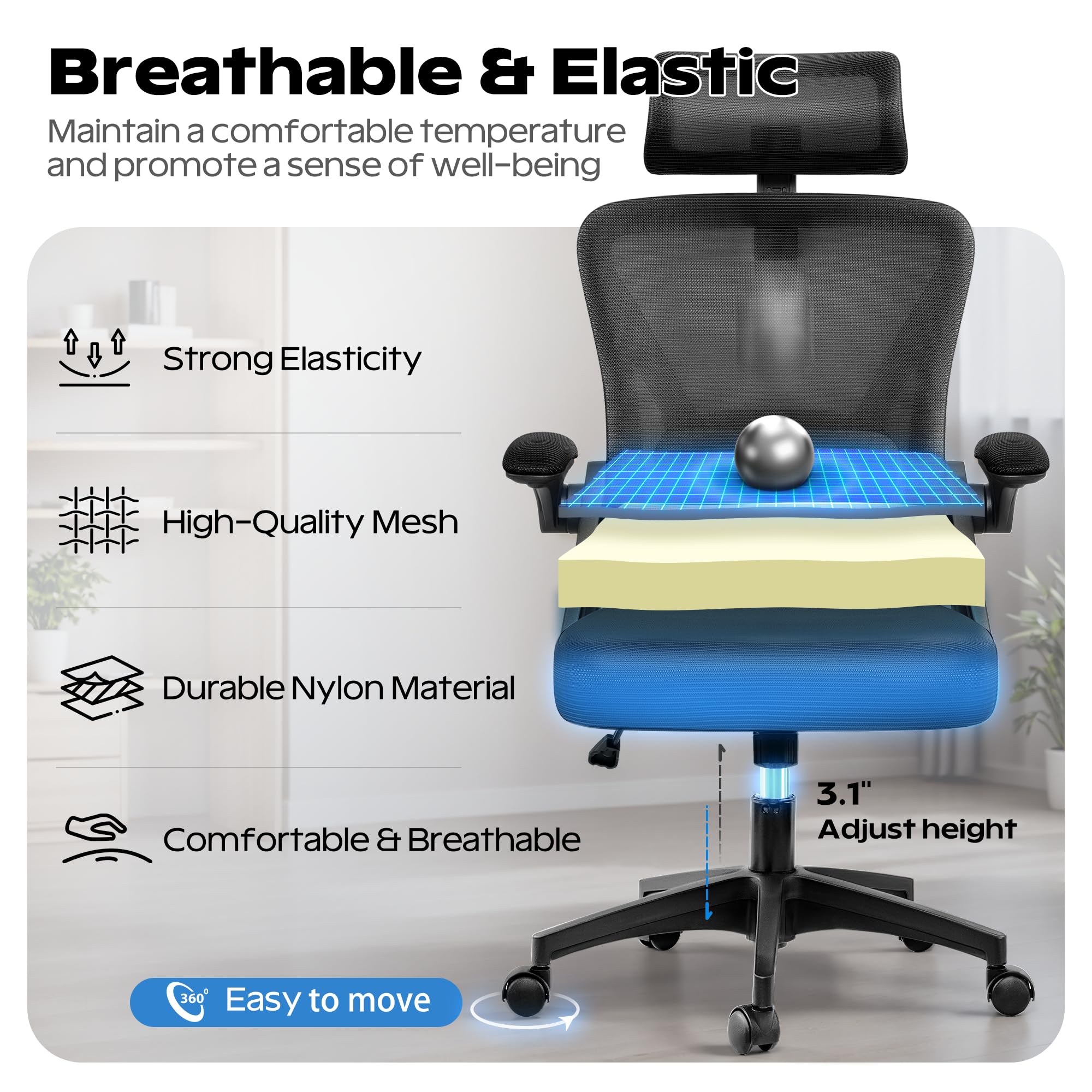 Ergonomic Office Chair with Headrest & Lumbar Support - High Back Mesh Computer Desk Chair with Flip-Up Armrests, Swivel & Rolling Wheels - Comfortable Task Chair for Home Office, Gaming & Workspace