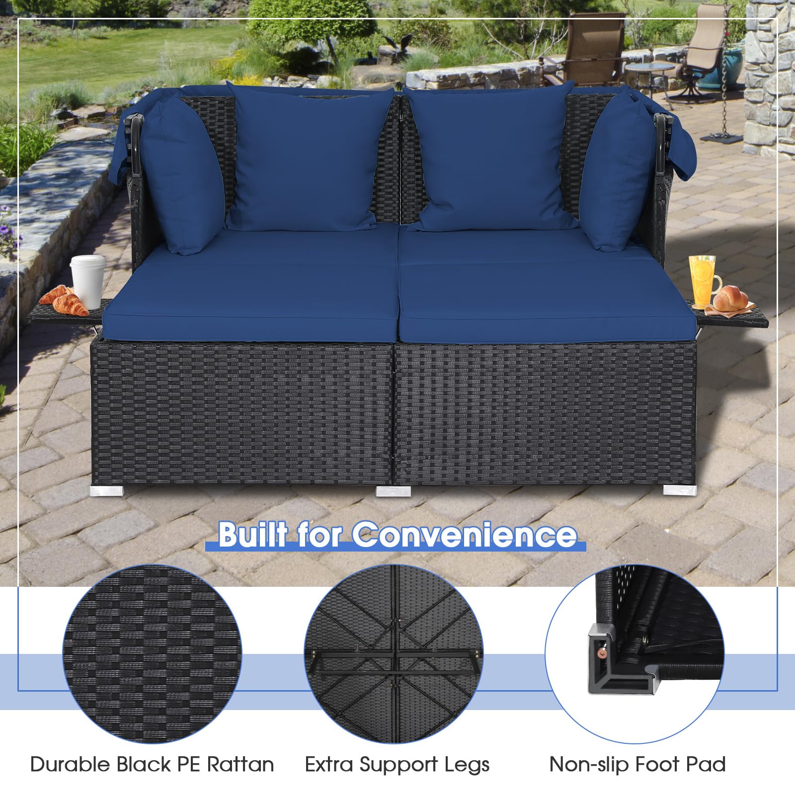 RELAX4LIFE Outdoor Daybed with Canopy - 2-Person Rattan Wicker Sunbed with Cushions, 4 Pillows & Retractable Side Trays - Perfect for Poolside, Porch, Garden, or Patio Lounge (Navy Blue)