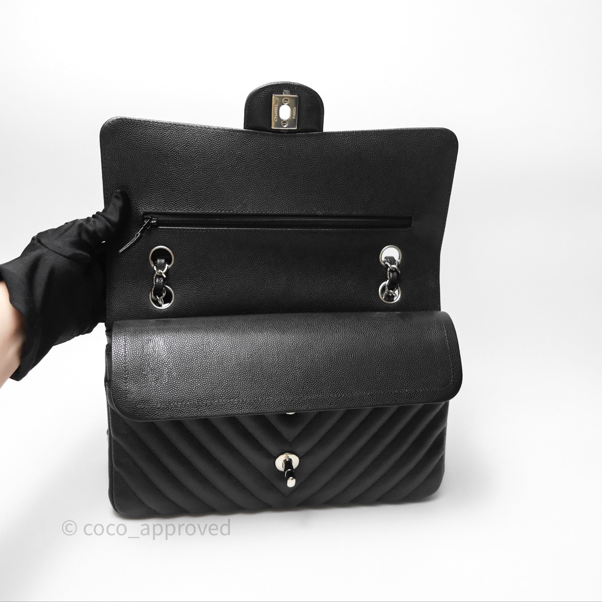 Chanel Classic M/L Medium Flap Chevron Black Caviar Silver Hardware Bag - Luxury Designer Handbag for Women, Perfect for Evening Events & Date Nights