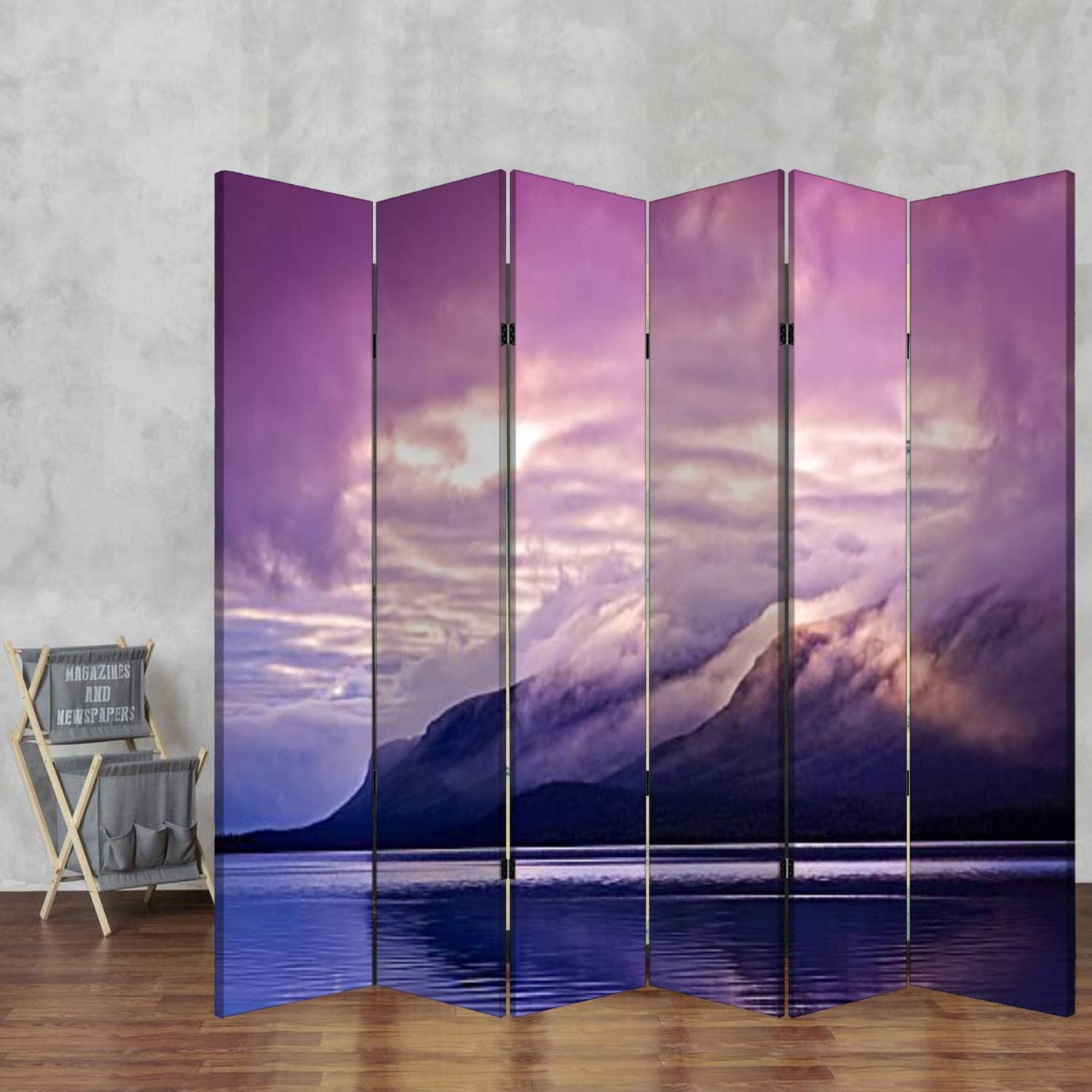 Wooden Folding Room Divider with Mountain Landscape Print - 6 Panel Privacy Screen for Home & Office - Dual-Sided Canvas Partition for Indoor Spaces, Bedroom, Living Room & Studio Decor