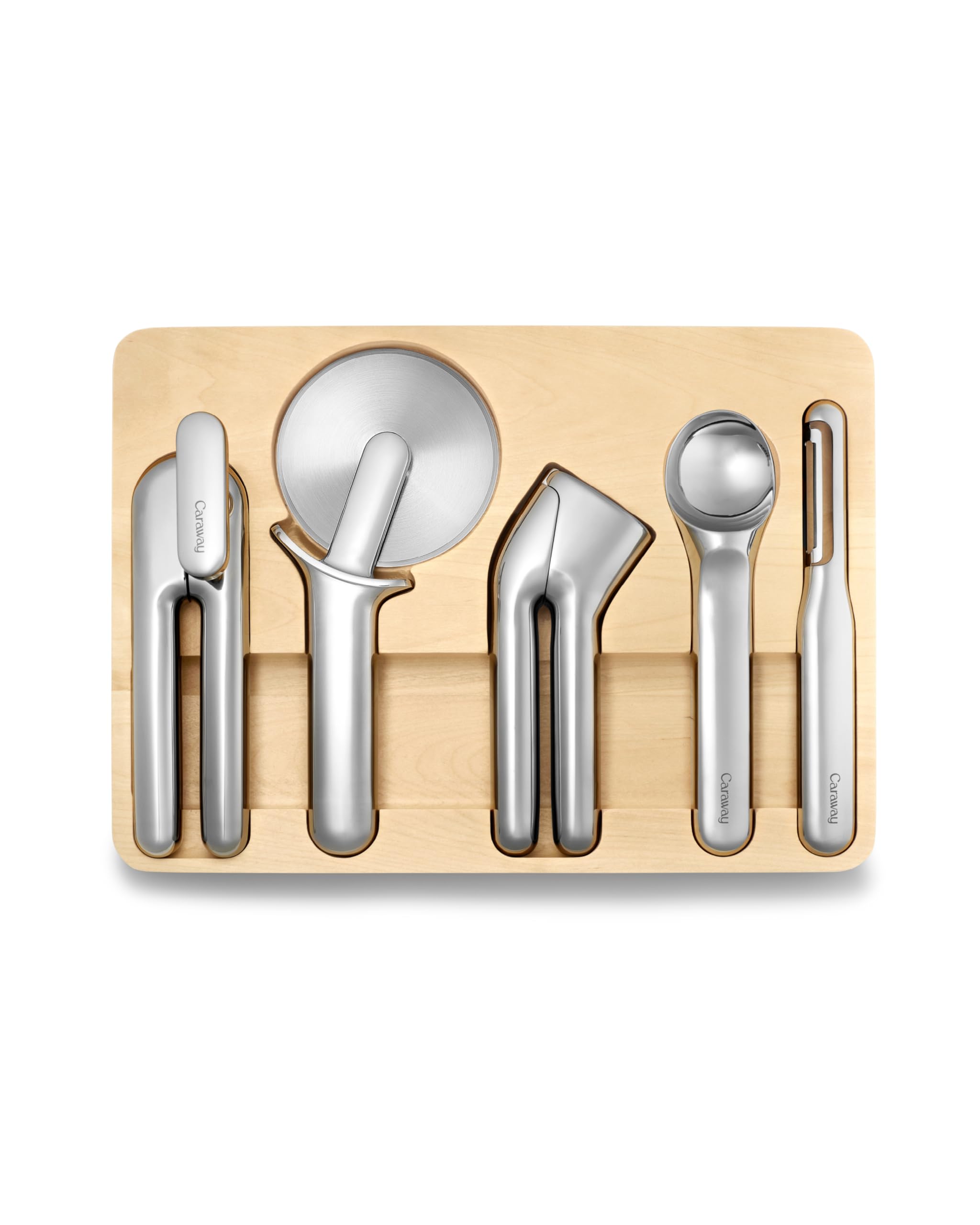 Caraway 5-Piece Stainless Steel Kitchen Gadget Set - Can Opener, Pizza Cutter, Garlic Press, Ice Cream Scoop & Vegetable Peeler with Storage Organizer - Essential Cooking Tools for Home Chefs & Baking Enthusiasts