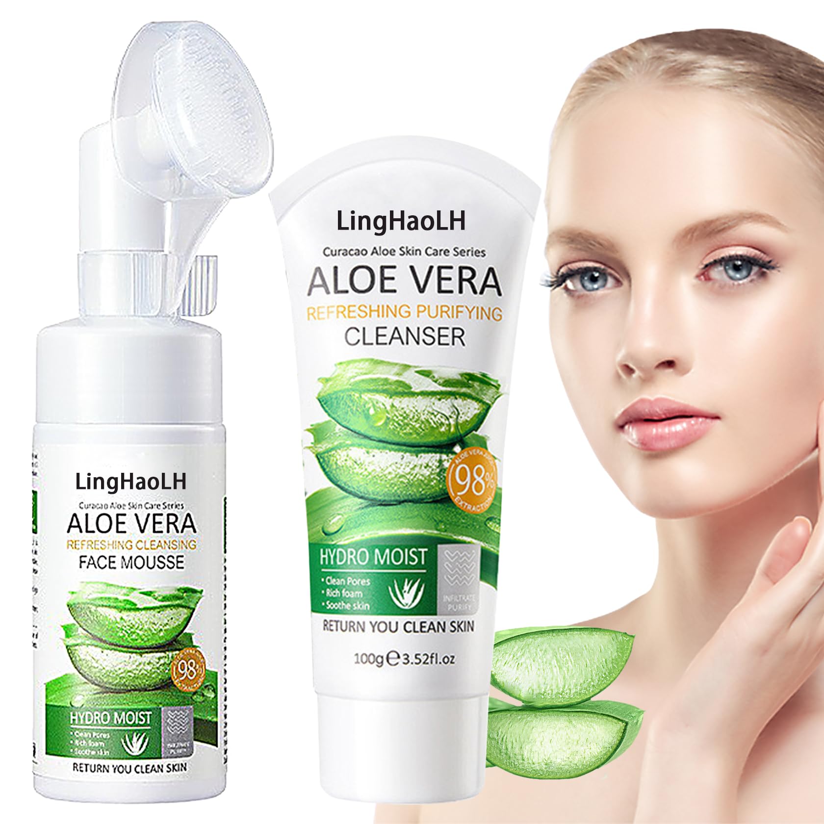 2PCS Aloe Vera Face Wash - Hydrating Gentle Facial Foam Cleanser with Brush for Deep Cleansing & Oil Control | Long Lasting Moisturizing Foam Cleanser for All Skin Types | Perfect for Daily Skincare & Acne-Prone Skin